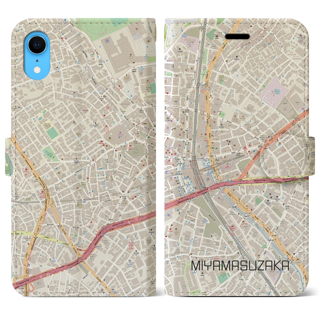 【宮益坂】地図柄iPhoneケース（手帳両面タイプ・ナチュラル）iPhone XR 用