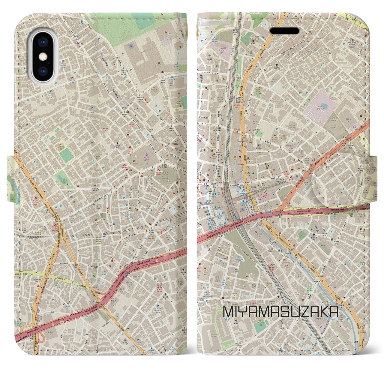【宮益坂】地図柄iPhoneケース（手帳両面タイプ・ナチュラル）iPhone XS Max 用
