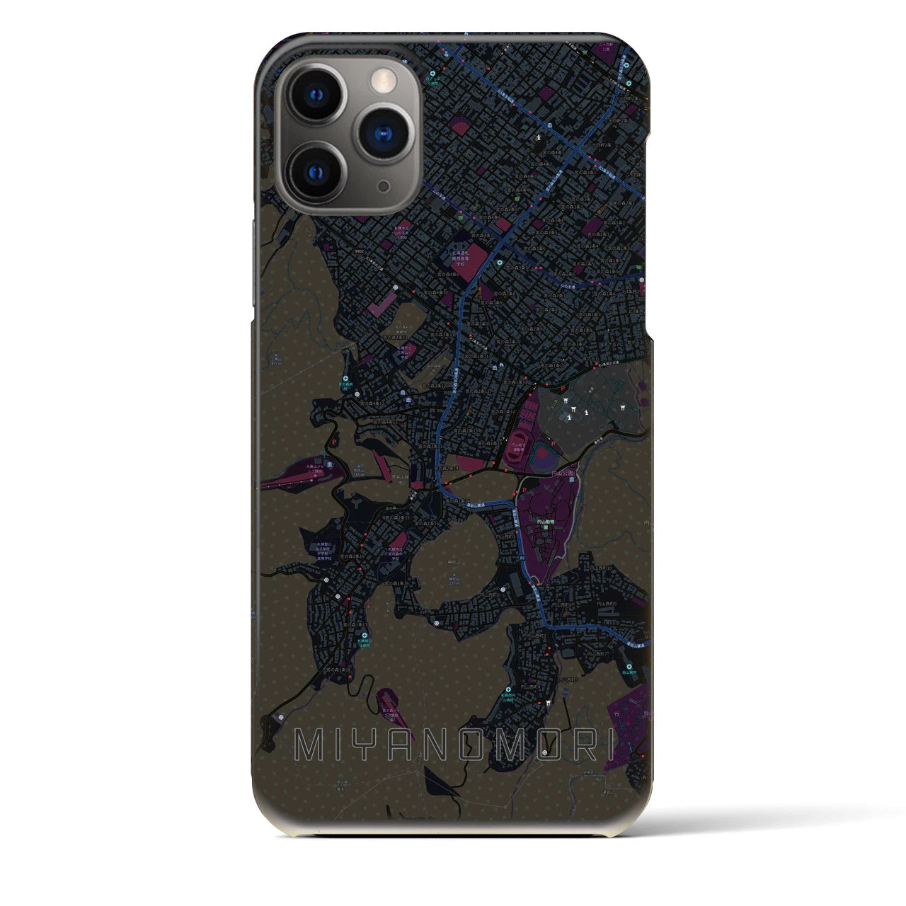【宮の森】地図柄iPhoneケース（バックカバータイプ・ブラック）iPhone 11 Pro Max 用