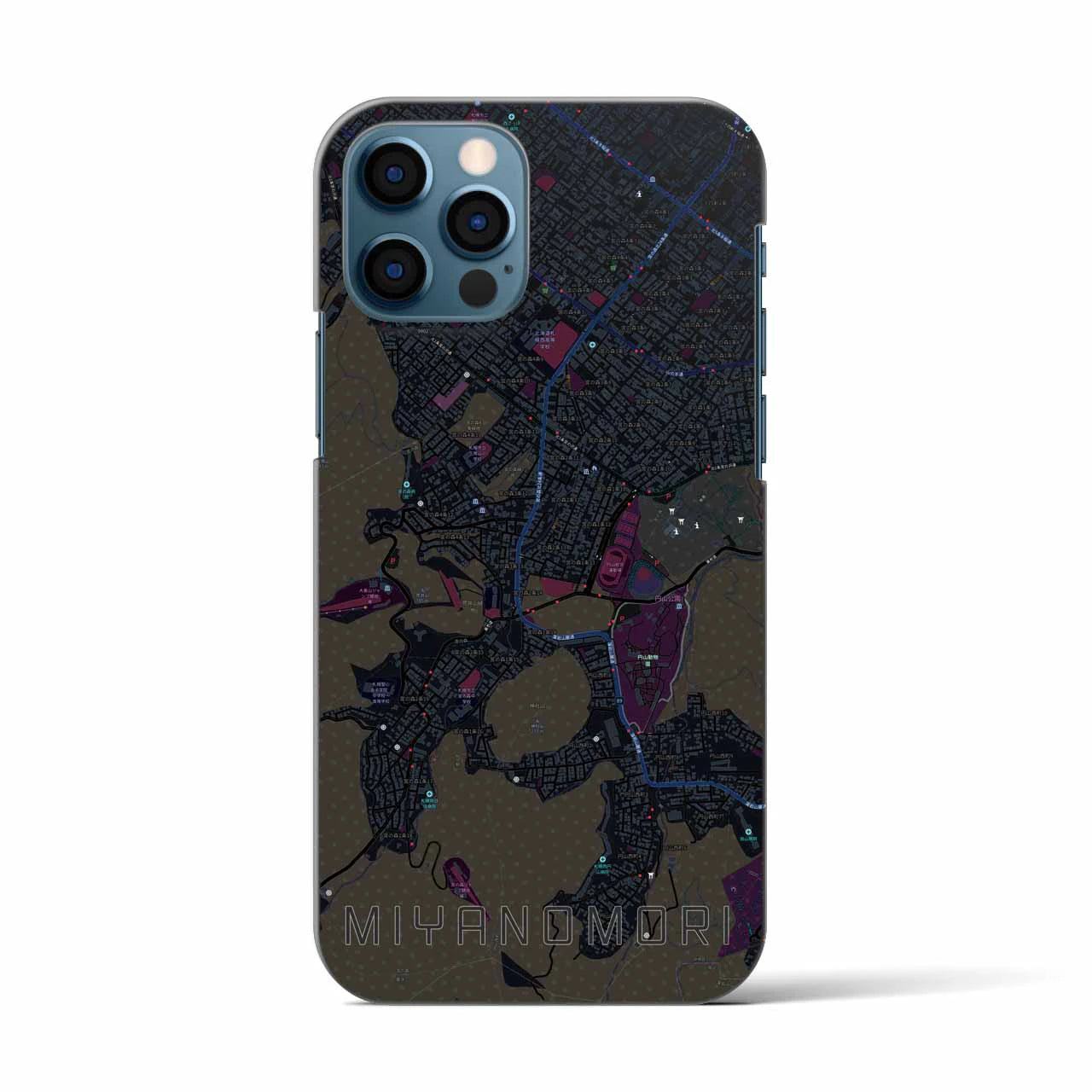 【宮の森】地図柄iPhoneケース（バックカバータイプ・ブラック）iPhone 12 / 12 Pro 用