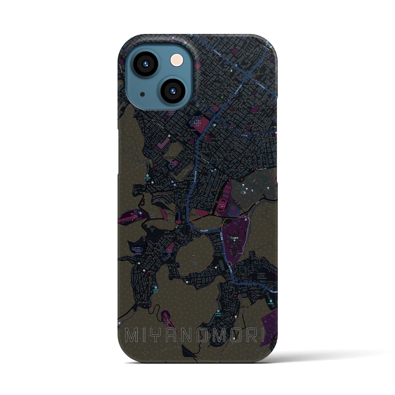 【宮の森】地図柄iPhoneケース（バックカバータイプ・ブラック）iPhone 13 用