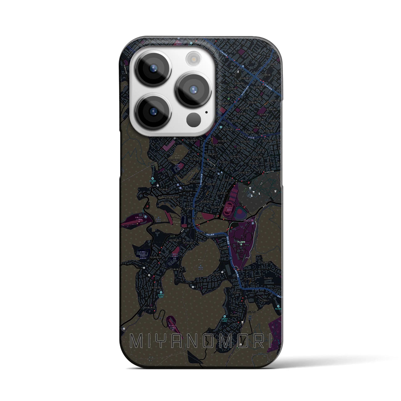 【宮の森】地図柄iPhoneケース（バックカバータイプ・ブラック）iPhone 14 Pro 用