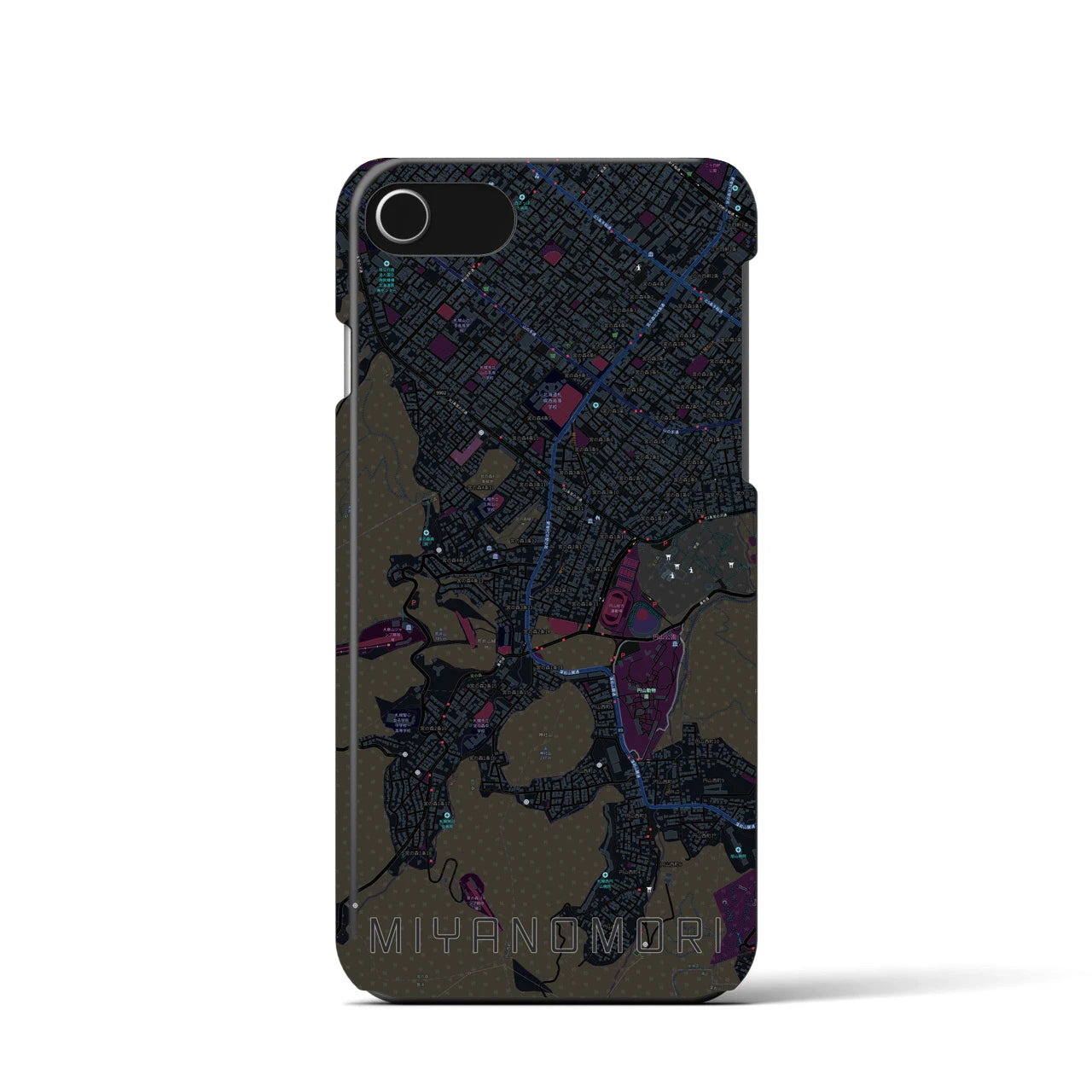 【宮の森】地図柄iPhoneケース（バックカバータイプ・ブラック）iPhone SE（第3 / 第2世代） / 8 / 7 / 6s / 6 用