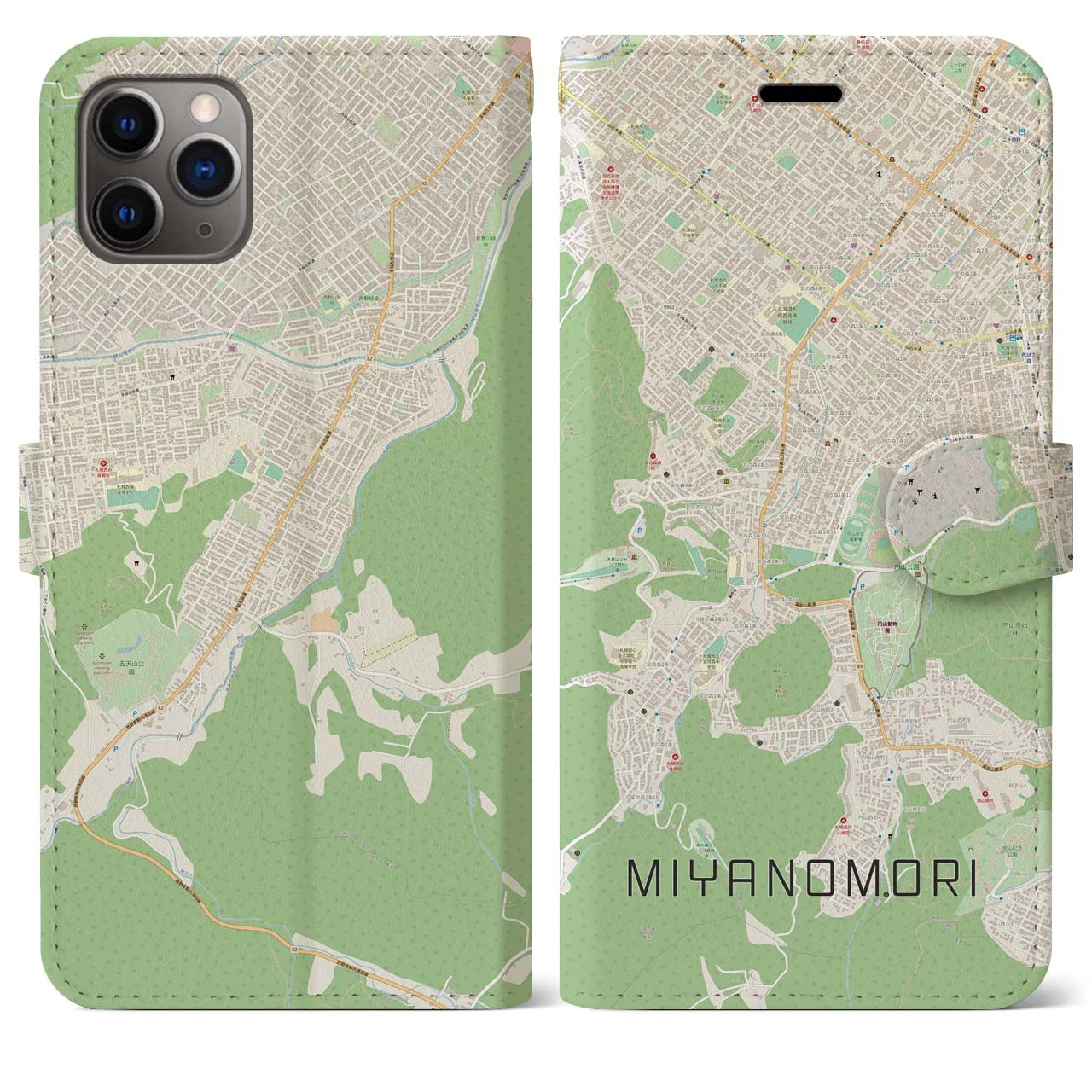 【宮の森】地図柄iPhoneケース（手帳両面タイプ・ナチュラル）iPhone 11 Pro Max 用