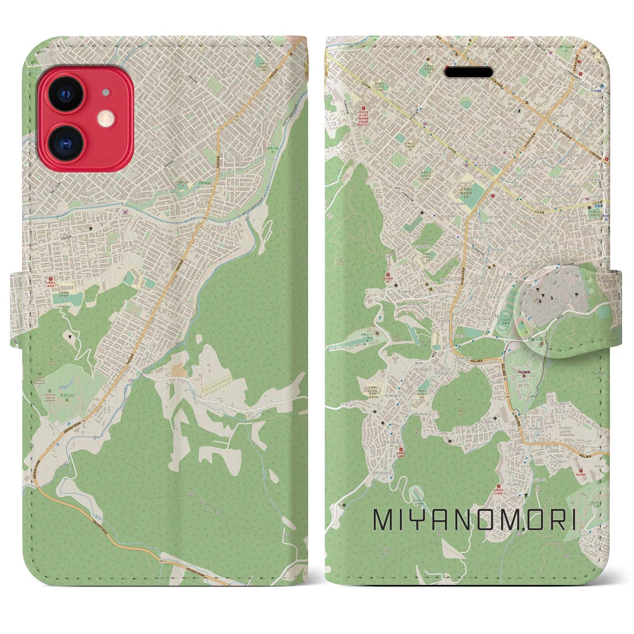 【宮の森】地図柄iPhoneケース（手帳両面タイプ・ナチュラル）iPhone 11 用