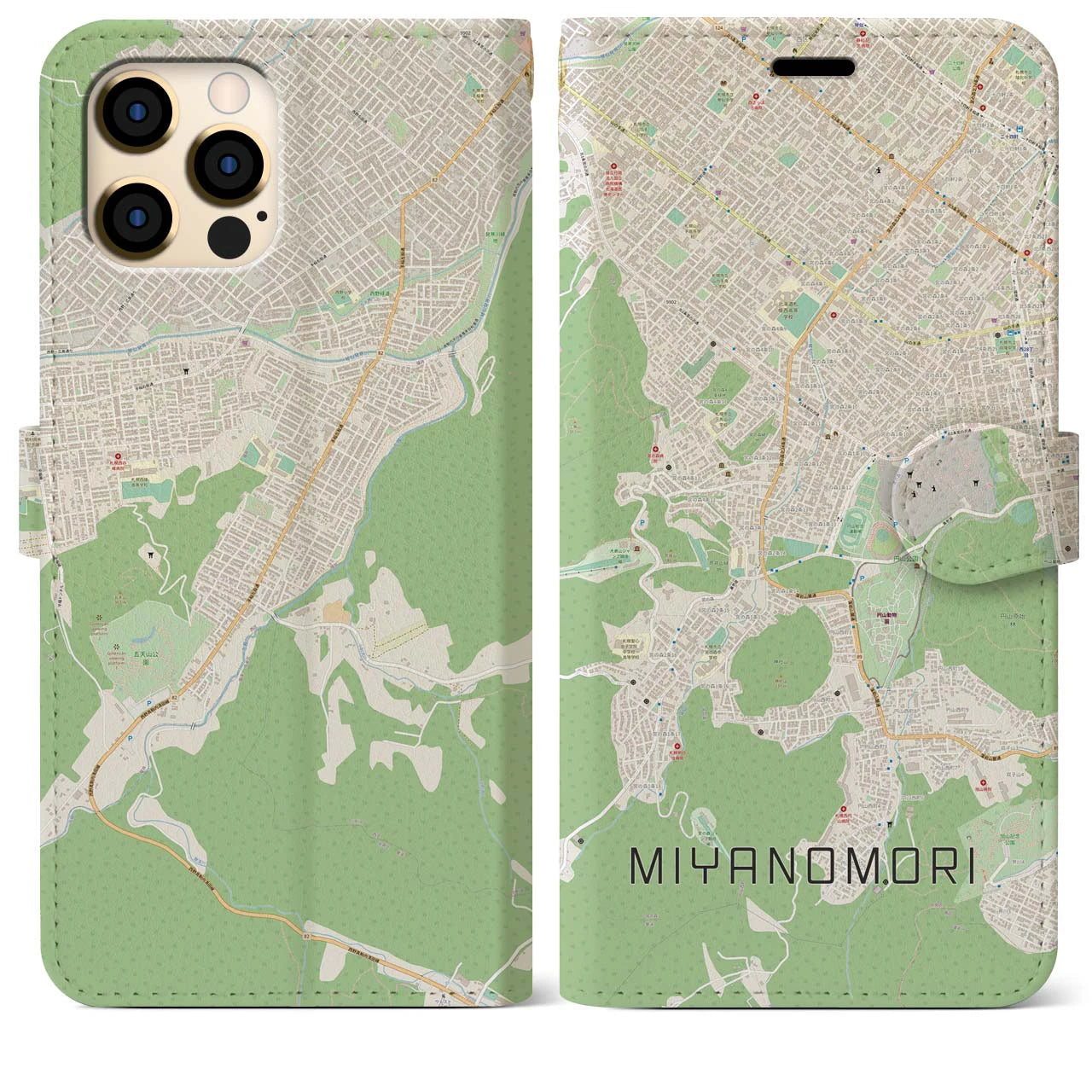 【宮の森】地図柄iPhoneケース（手帳両面タイプ・ナチュラル）iPhone 12 Pro Max 用