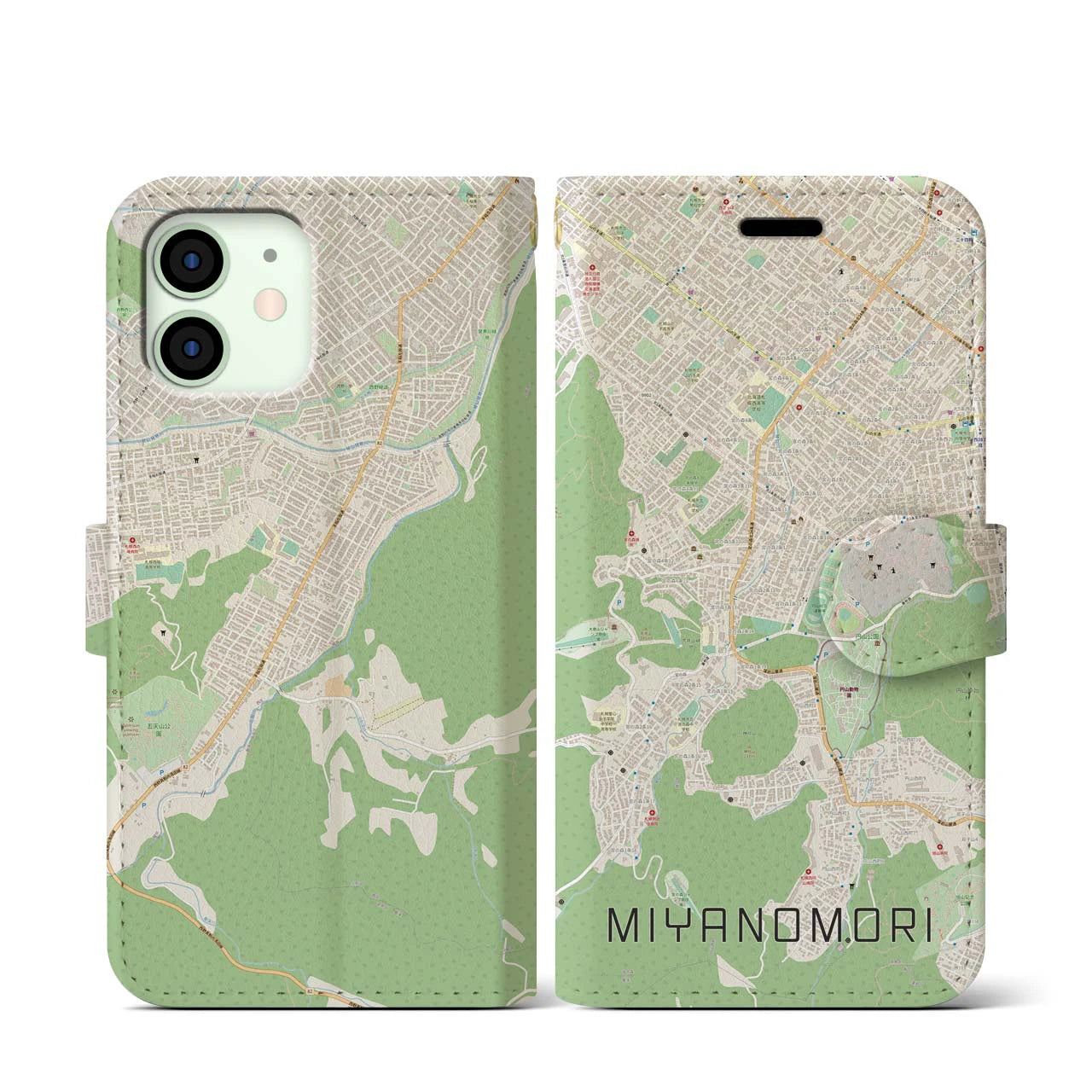 【宮の森】地図柄iPhoneケース（手帳両面タイプ・ナチュラル）iPhone 12 mini 用