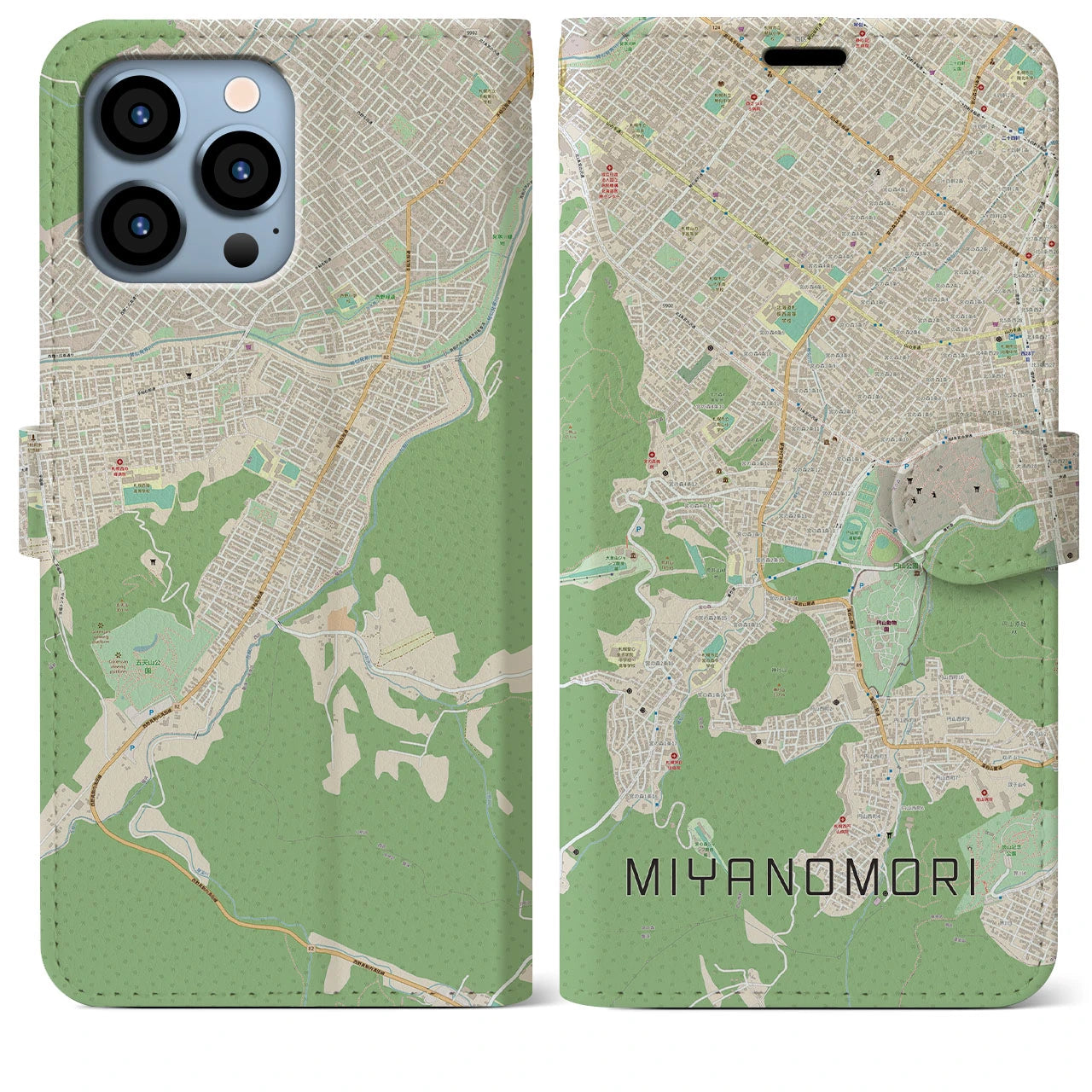 【宮の森】地図柄iPhoneケース（手帳両面タイプ・ナチュラル）iPhone 13 Pro Max 用