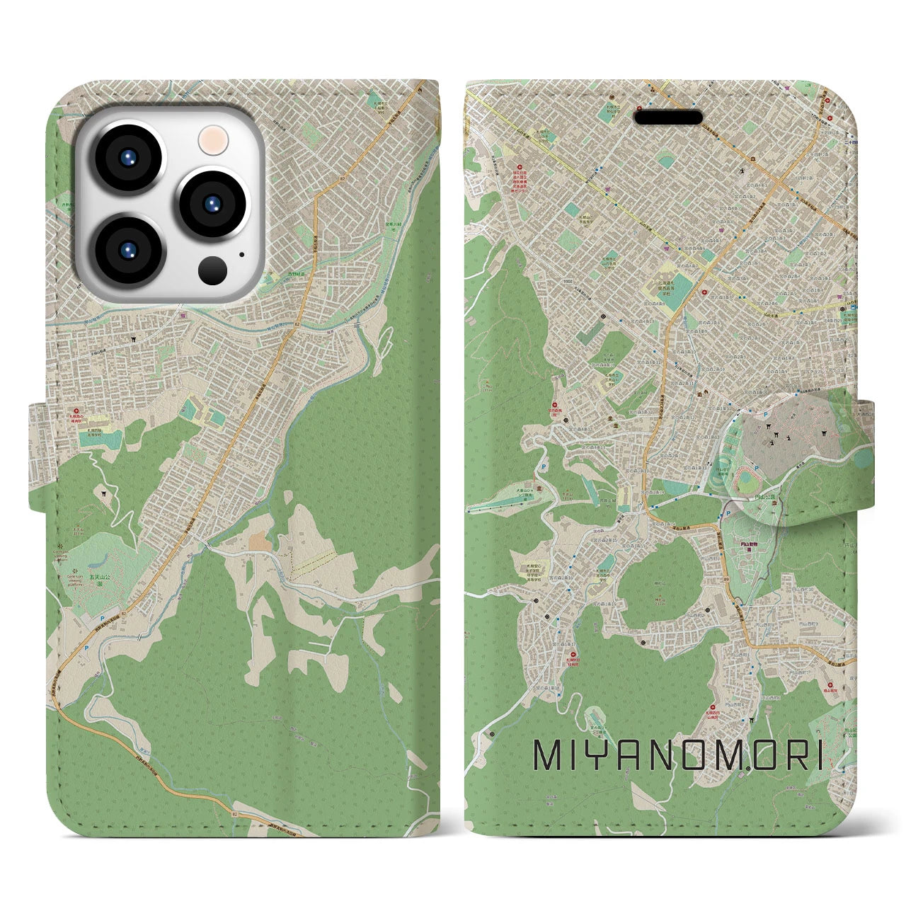 【宮の森】地図柄iPhoneケース（手帳両面タイプ・ナチュラル）iPhone 13 Pro 用