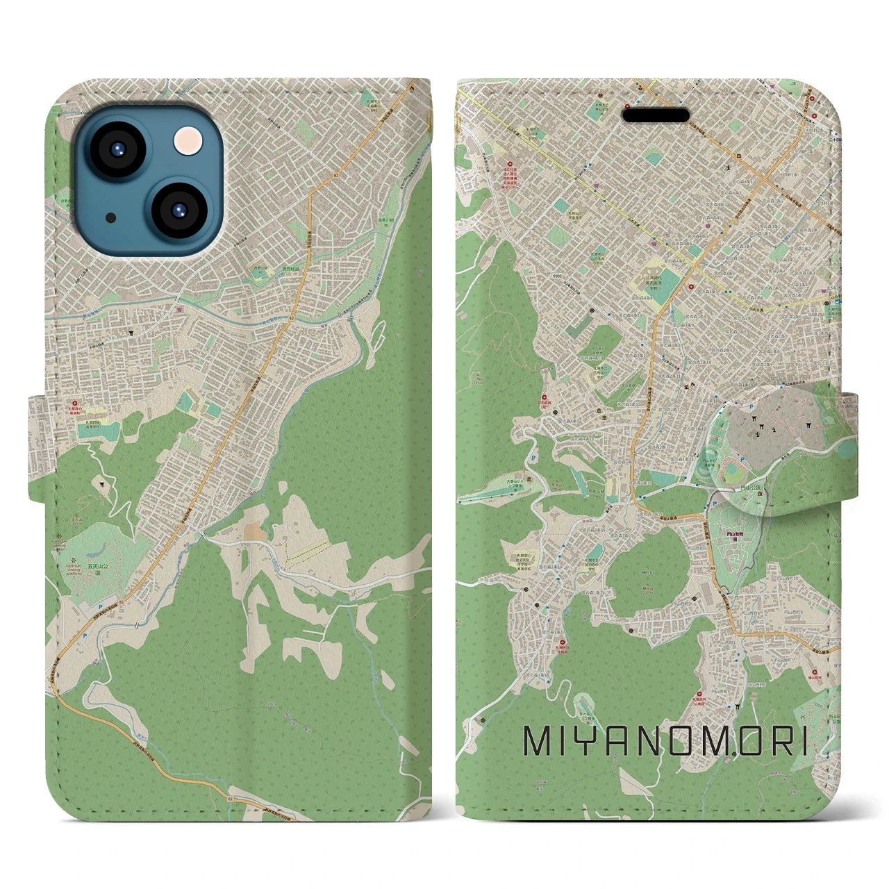 【宮の森】地図柄iPhoneケース（手帳両面タイプ・ナチュラル）iPhone 13 用
