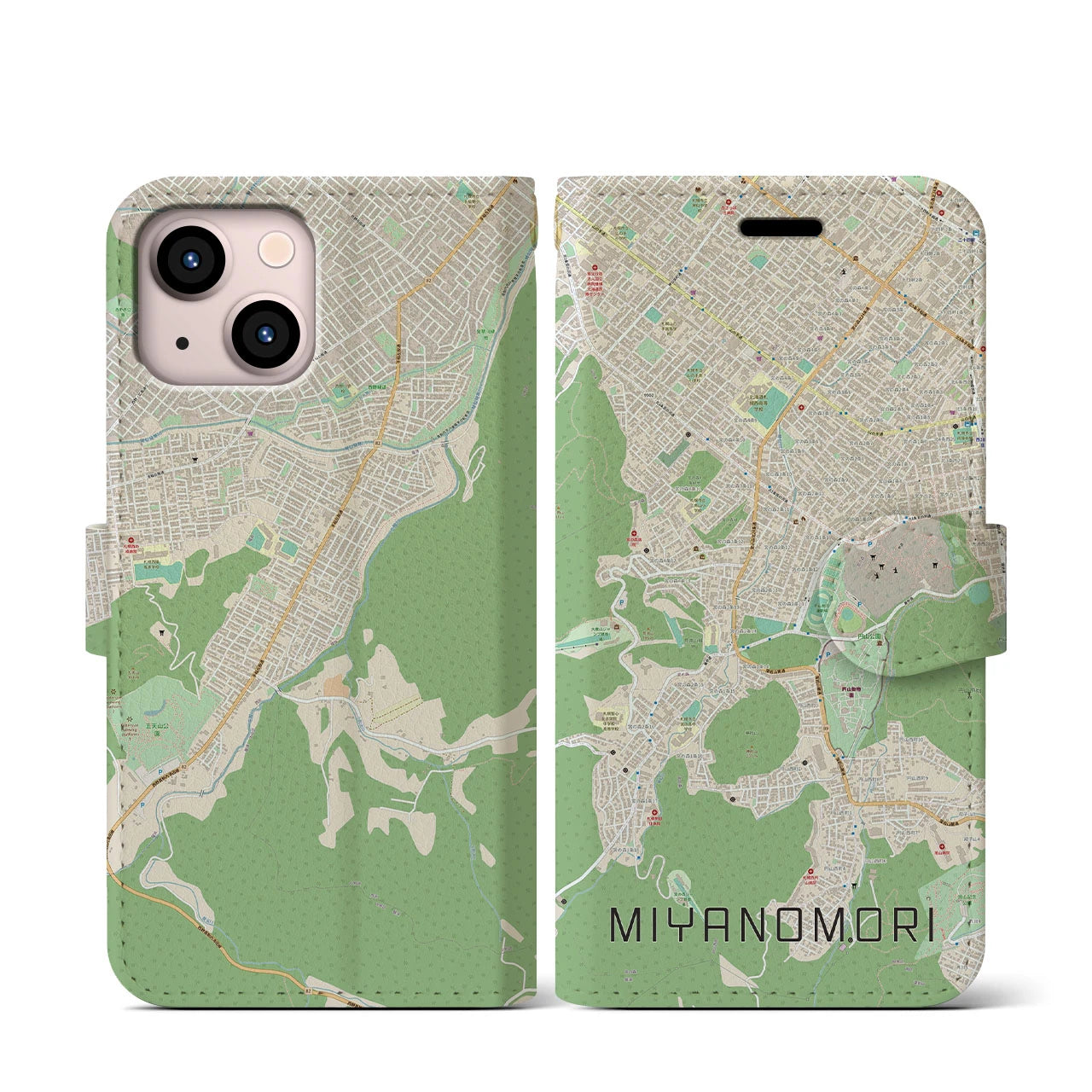 【宮の森】地図柄iPhoneケース（手帳両面タイプ・ナチュラル）iPhone 13 mini 用