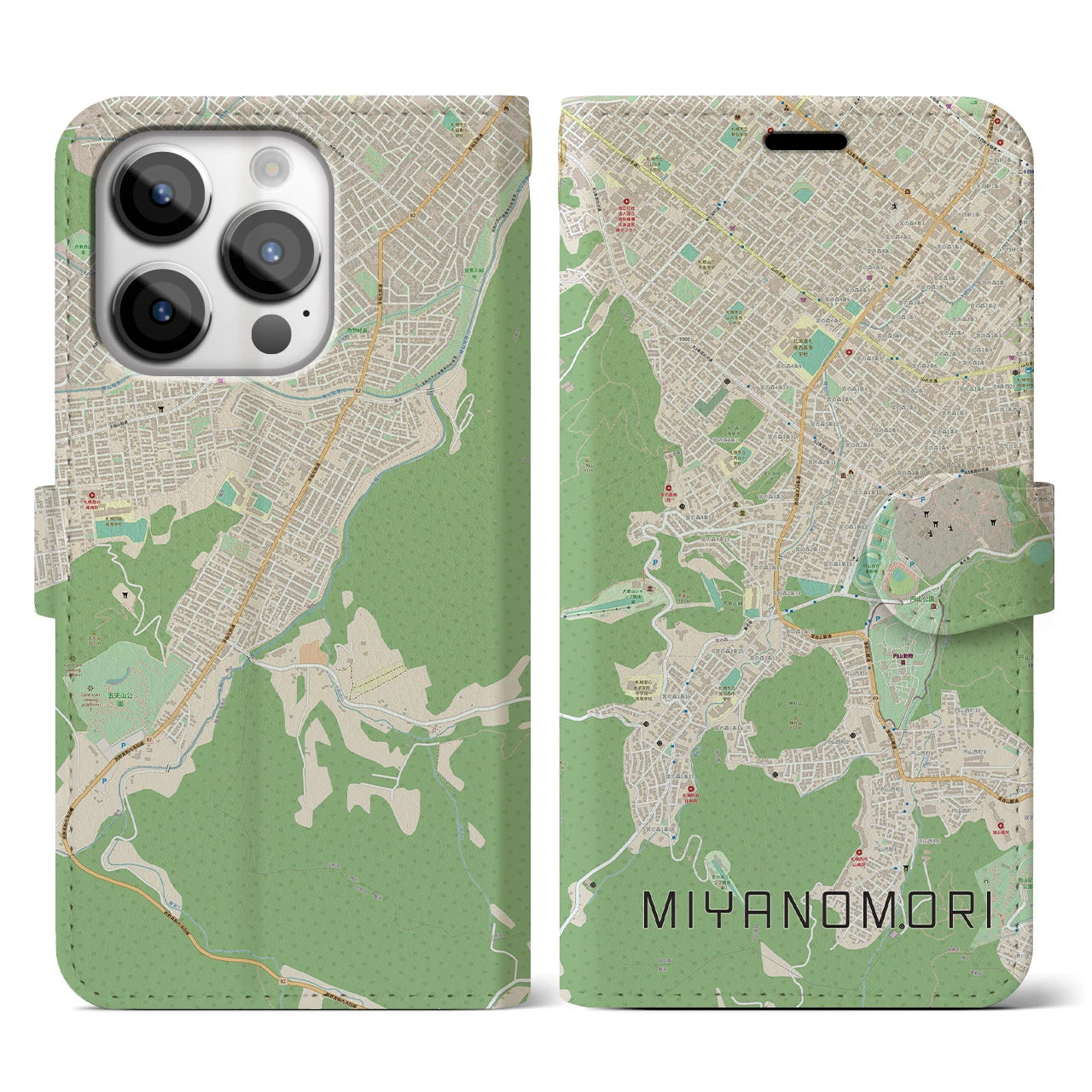 【宮の森】地図柄iPhoneケース（手帳両面タイプ・ナチュラル）iPhone 14 Pro 用