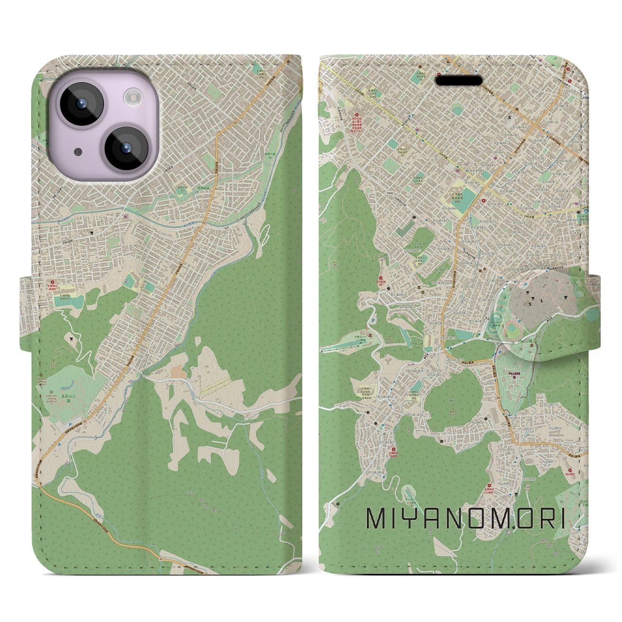 【宮の森】地図柄iPhoneケース（手帳両面タイプ・ナチュラル）iPhone 14 用