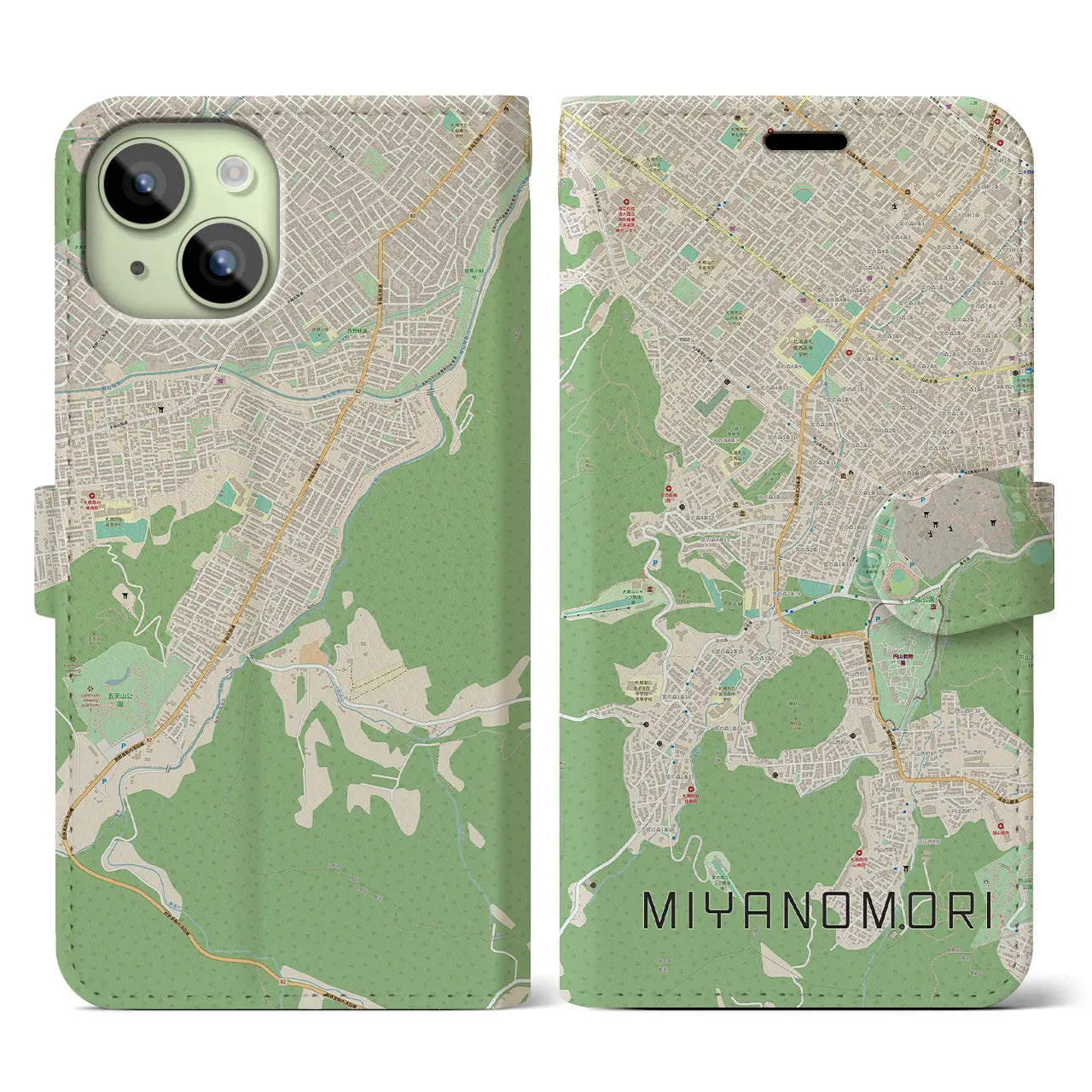 【宮の森】地図柄iPhoneケース（手帳両面タイプ・ナチュラル）iPhone 15 用