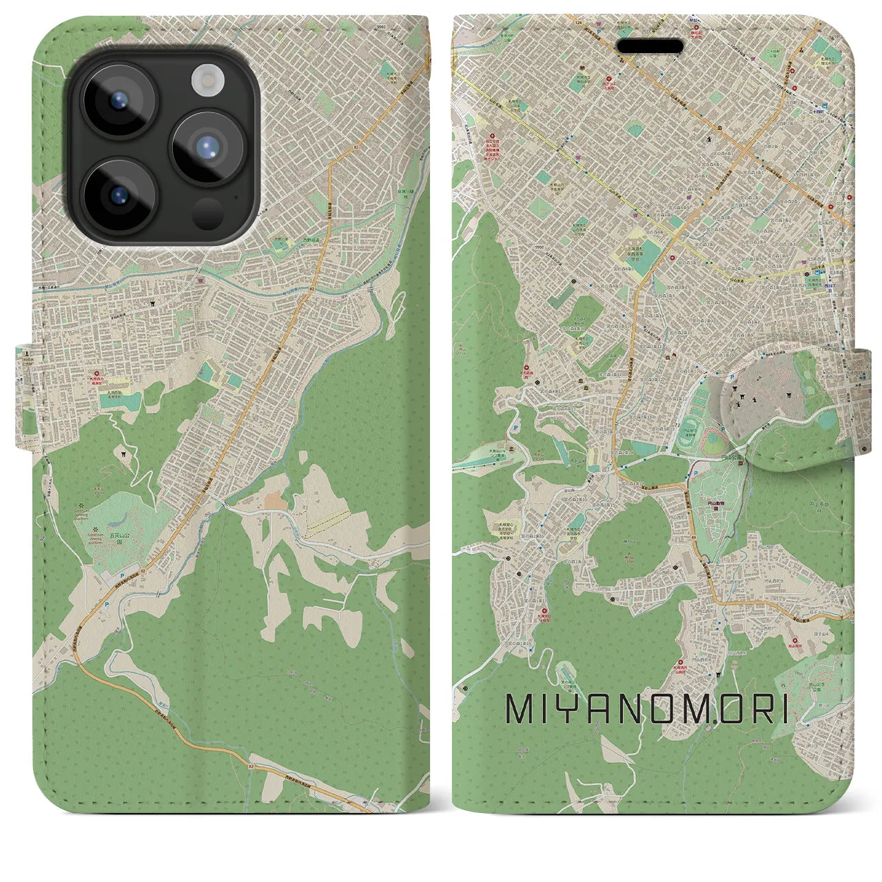 【宮の森】地図柄iPhoneケース（手帳両面タイプ・ナチュラル）iPhone 15 Pro Max 用