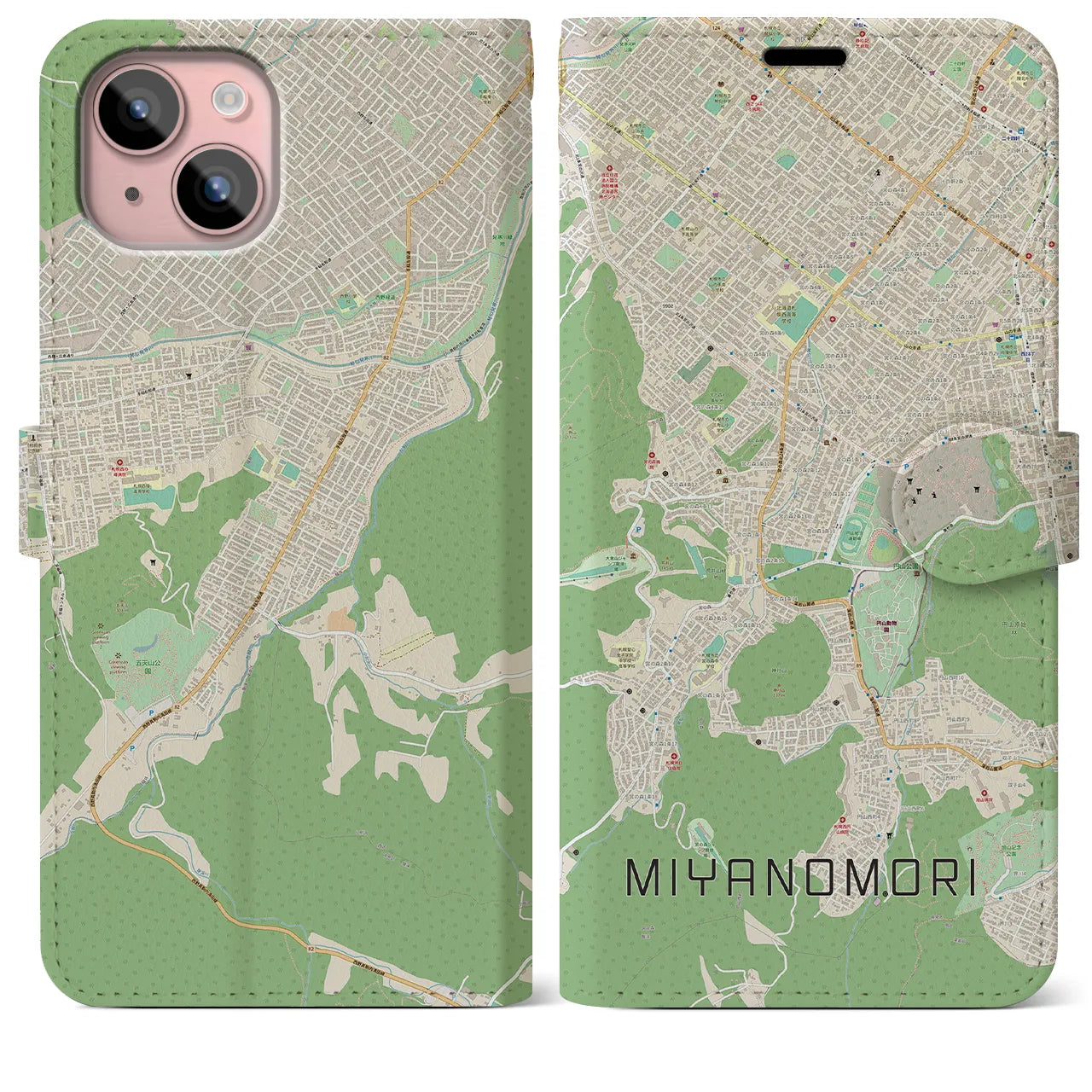 【宮の森】地図柄iPhoneケース（手帳両面タイプ・ナチュラル）iPhone 15 Plus 用