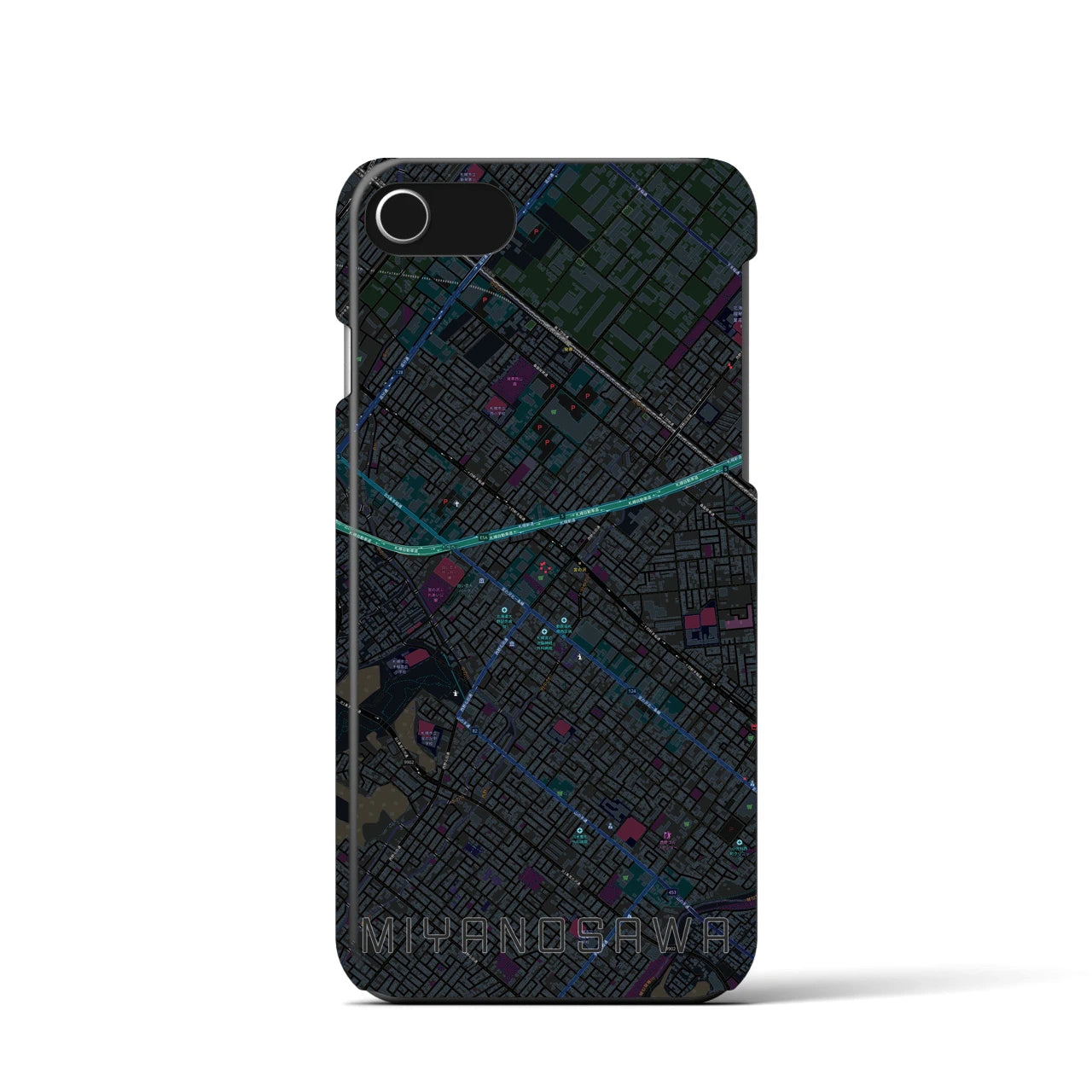【宮の沢】地図柄iPhoneケース（バックカバータイプ・ブラック）iPhone SE（第3 / 第2世代） / 8 / 7 / 6s / 6 用