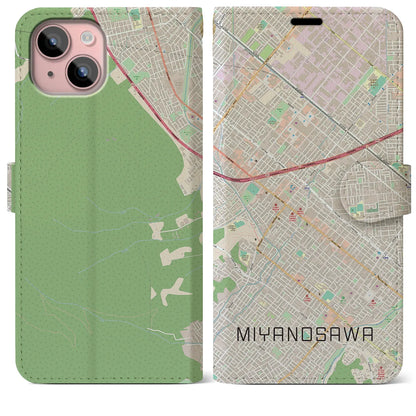 【宮の沢（北海道）】地図柄iPhoneケース（手帳タイプ）ナチュラル・iPhone 15 Plus 用