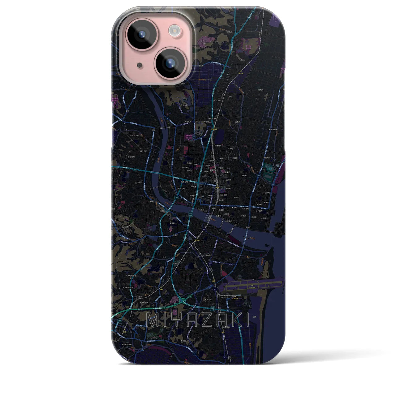 【宮崎2】地図柄iPhoneケース（バックカバータイプ・ブラック）iPhone 15 Plus 用