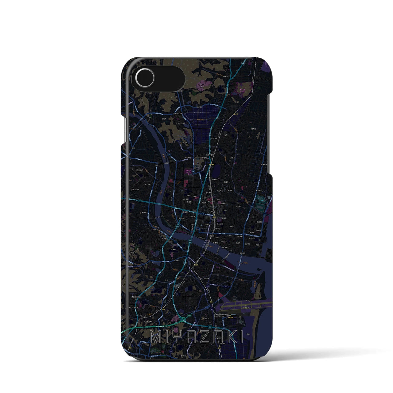 【宮崎2】地図柄iPhoneケース（バックカバータイプ・ブラック）iPhone SE（第3 / 第2世代） / 8 / 7 / 6s / 6 用