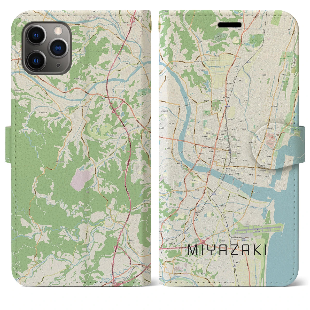 【宮崎2】地図柄iPhoneケース（手帳両面タイプ・ナチュラル）iPhone 11 Pro Max 用