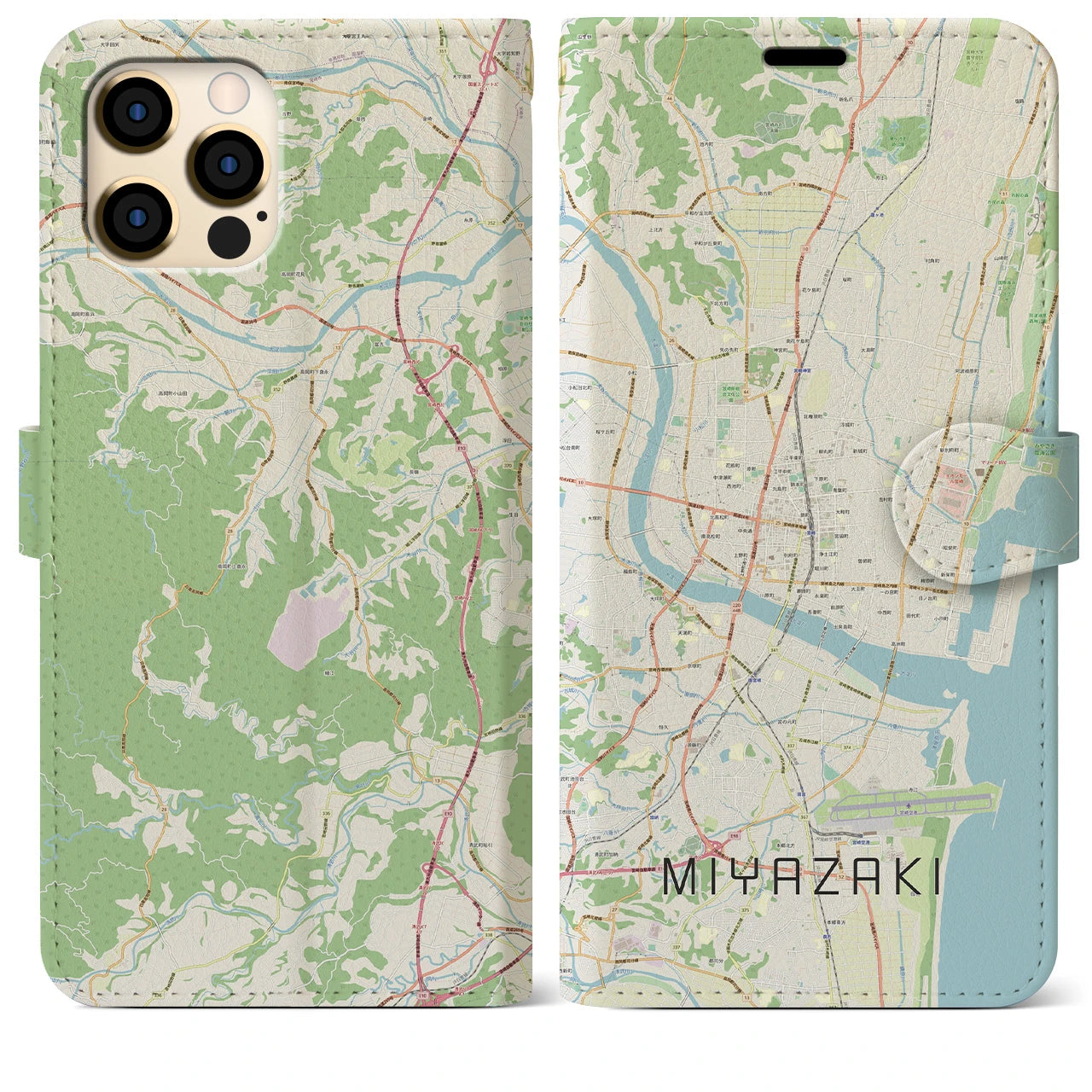 【宮崎2】地図柄iPhoneケース（手帳両面タイプ・ナチュラル）iPhone 12 Pro Max 用