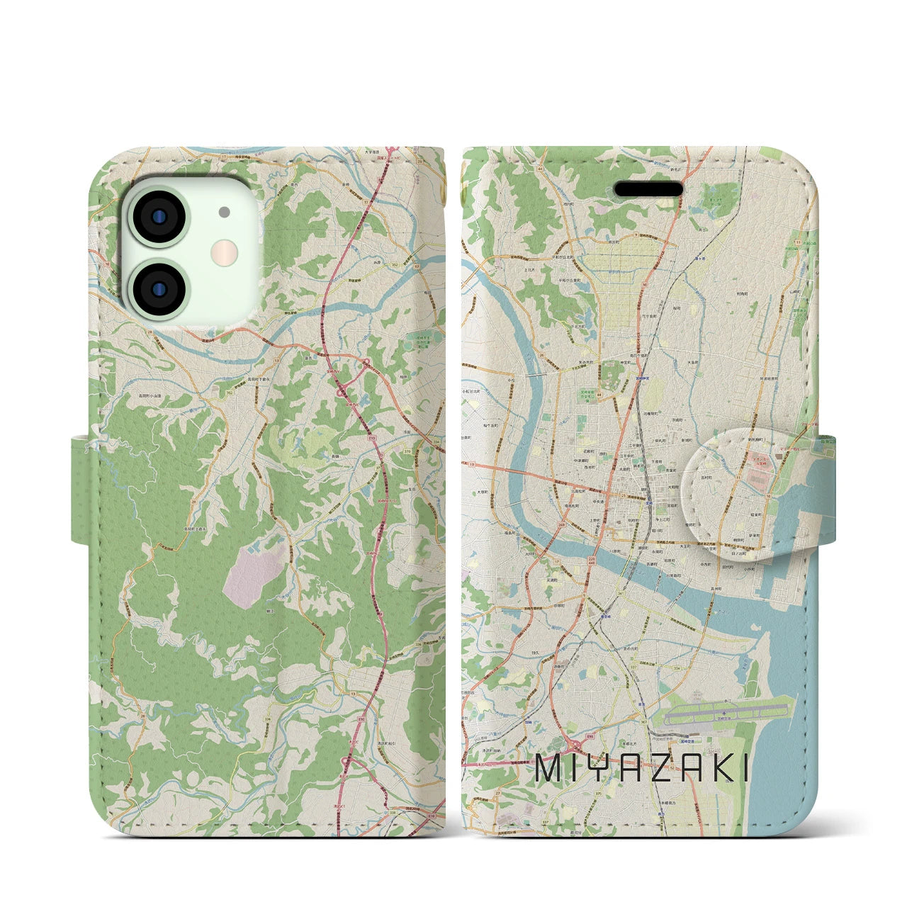 【宮崎2】地図柄iPhoneケース（手帳両面タイプ・ナチュラル）iPhone 12 mini 用