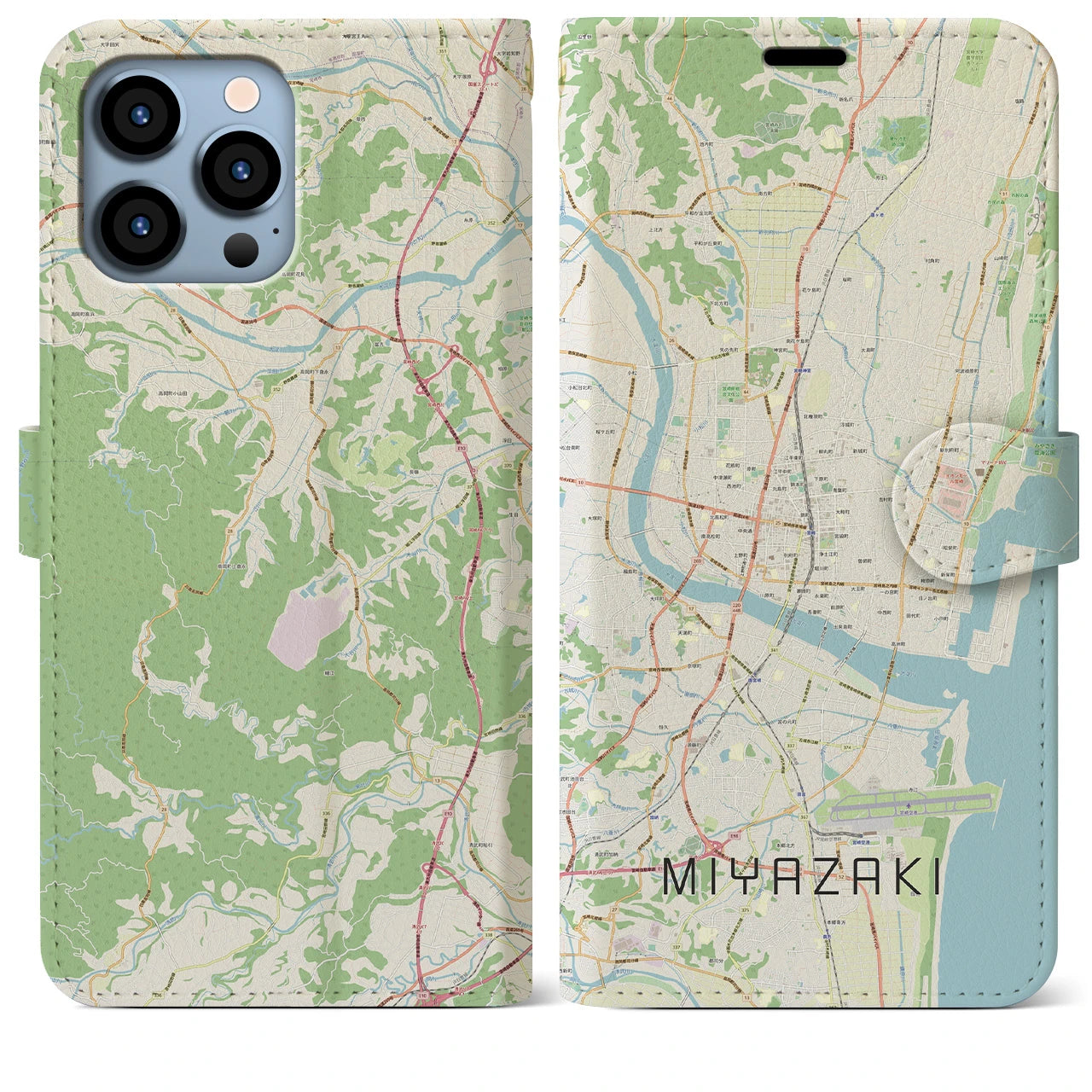 【宮崎2】地図柄iPhoneケース（手帳両面タイプ・ナチュラル）iPhone 13 Pro Max 用