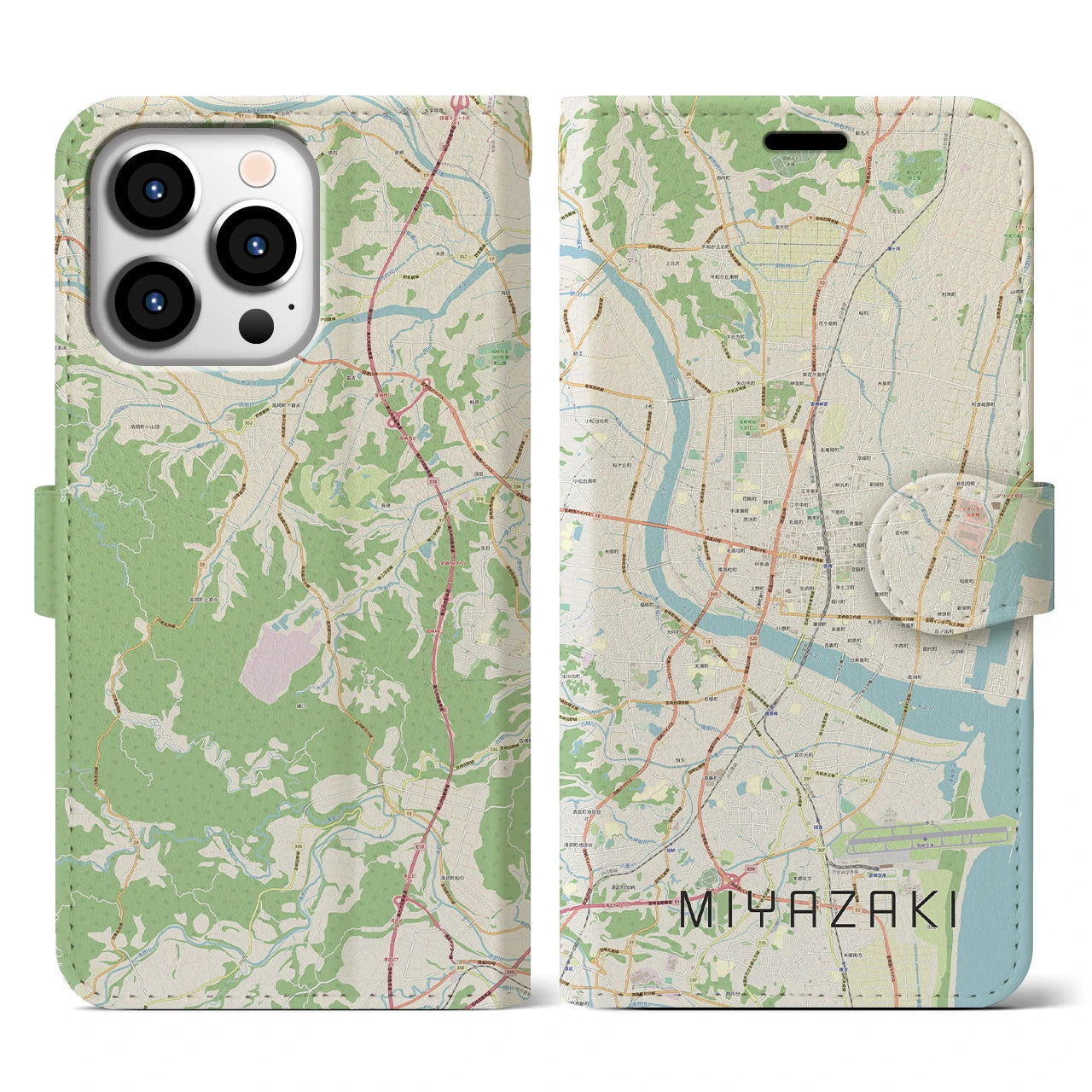 【宮崎2】地図柄iPhoneケース（手帳両面タイプ・ナチュラル）iPhone 13 Pro 用