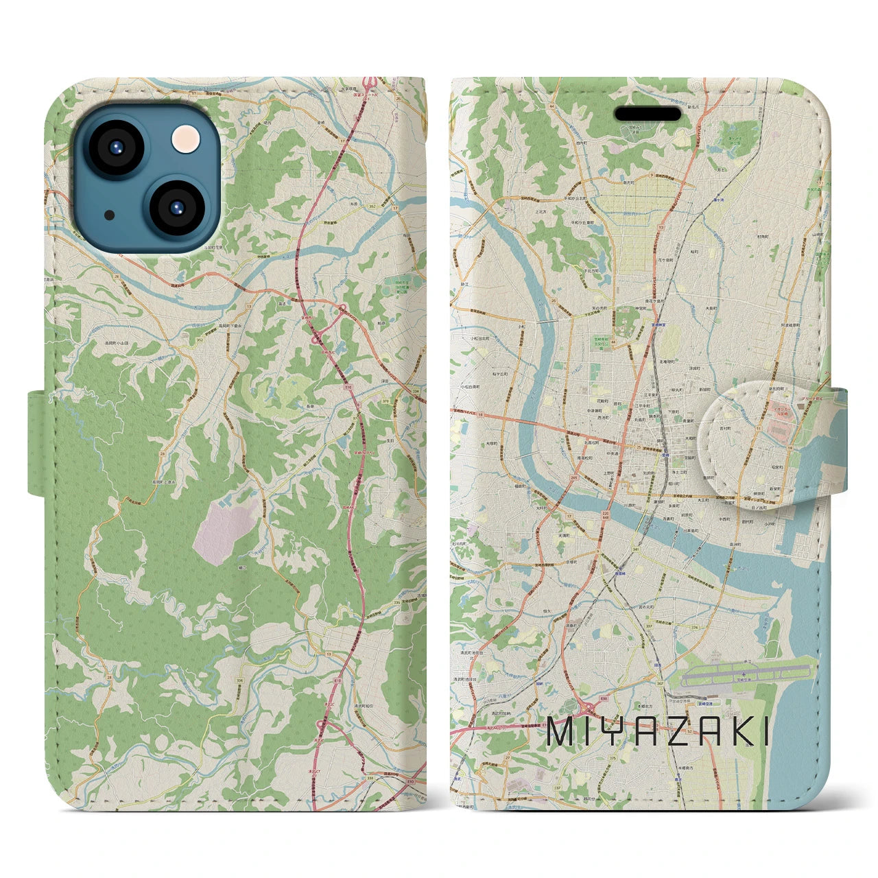 【宮崎2】地図柄iPhoneケース（手帳両面タイプ・ナチュラル）iPhone 13 用