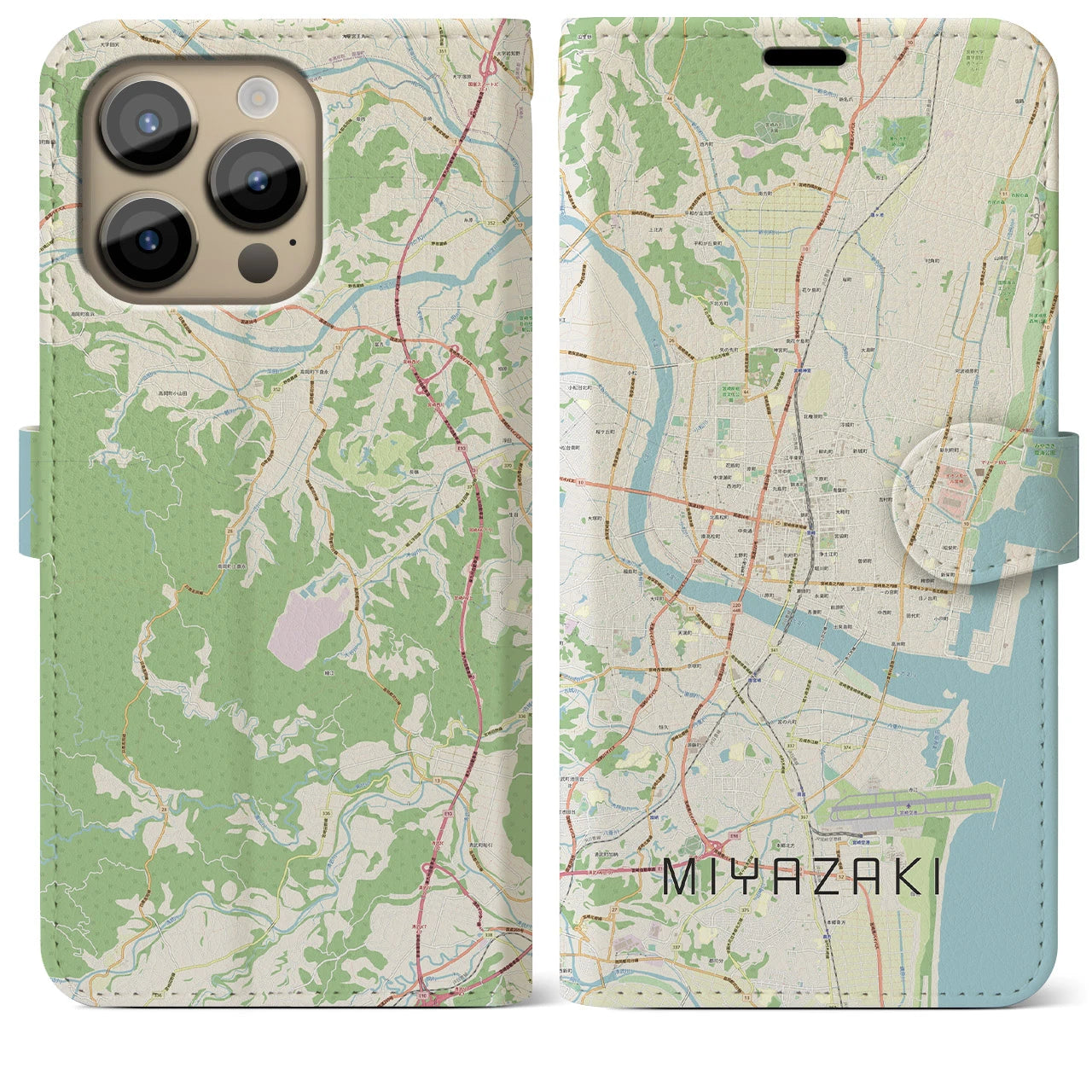 【宮崎2】地図柄iPhoneケース（手帳両面タイプ・ナチュラル）iPhone 14 Pro Max 用
