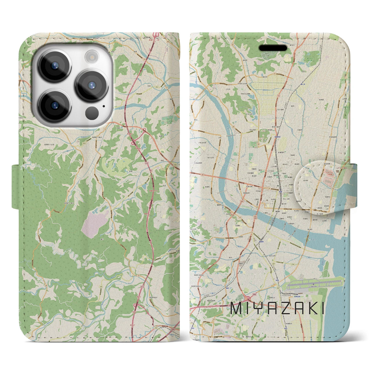 【宮崎2】地図柄iPhoneケース（手帳両面タイプ・ナチュラル）iPhone 14 Pro 用