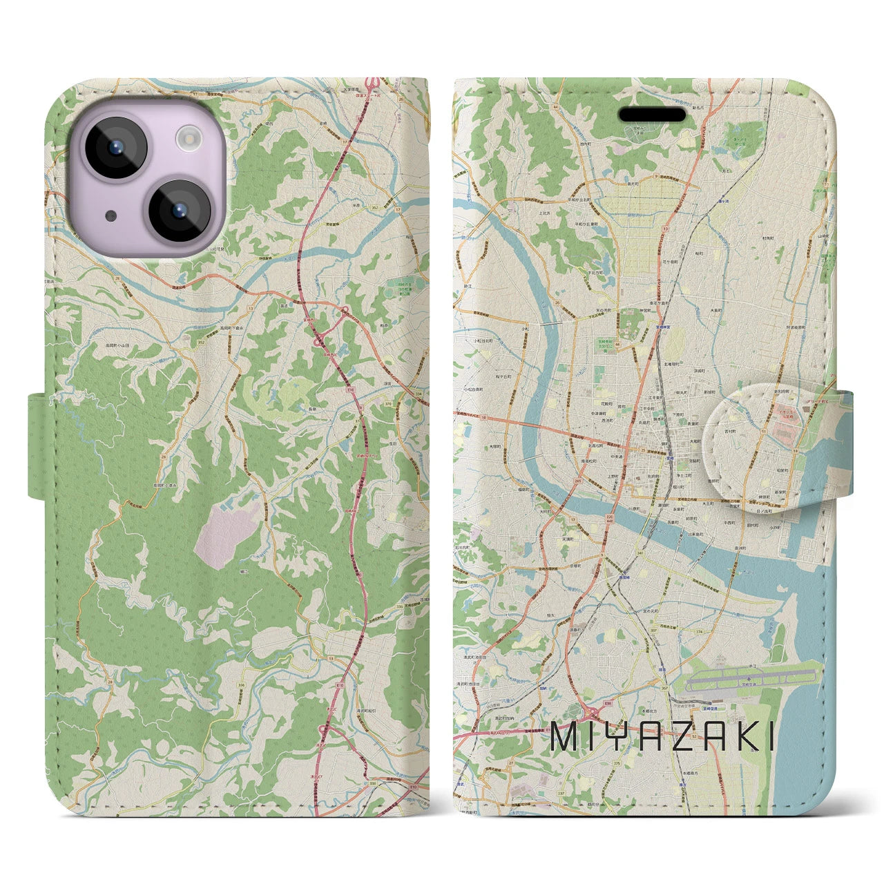 【宮崎2】地図柄iPhoneケース（手帳両面タイプ・ナチュラル）iPhone 14 用
