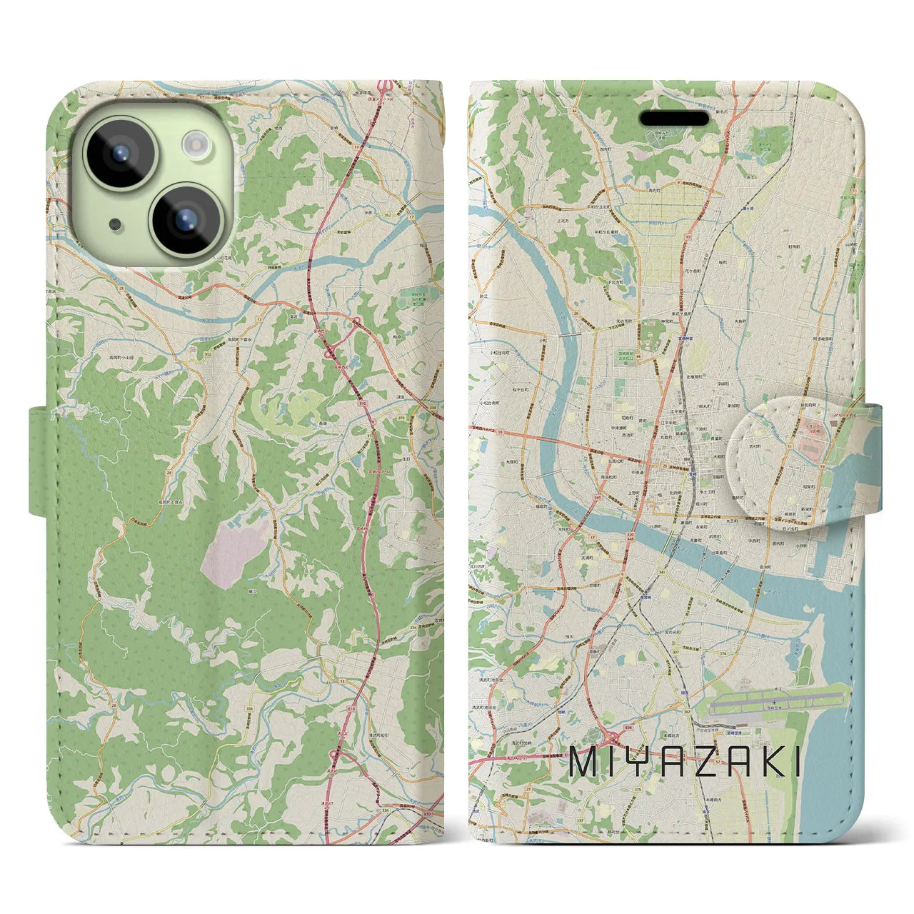 【宮崎2】地図柄iPhoneケース（手帳両面タイプ・ナチュラル）iPhone 15 用
