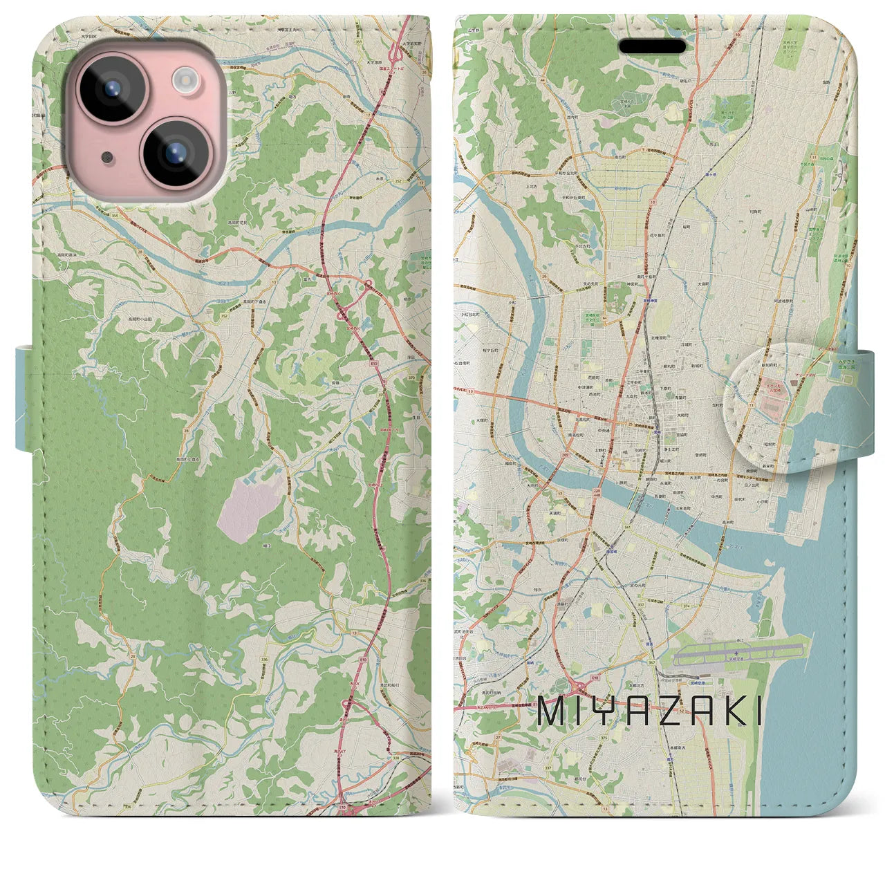 【宮崎2】地図柄iPhoneケース（手帳両面タイプ・ナチュラル）iPhone 15 Plus 用