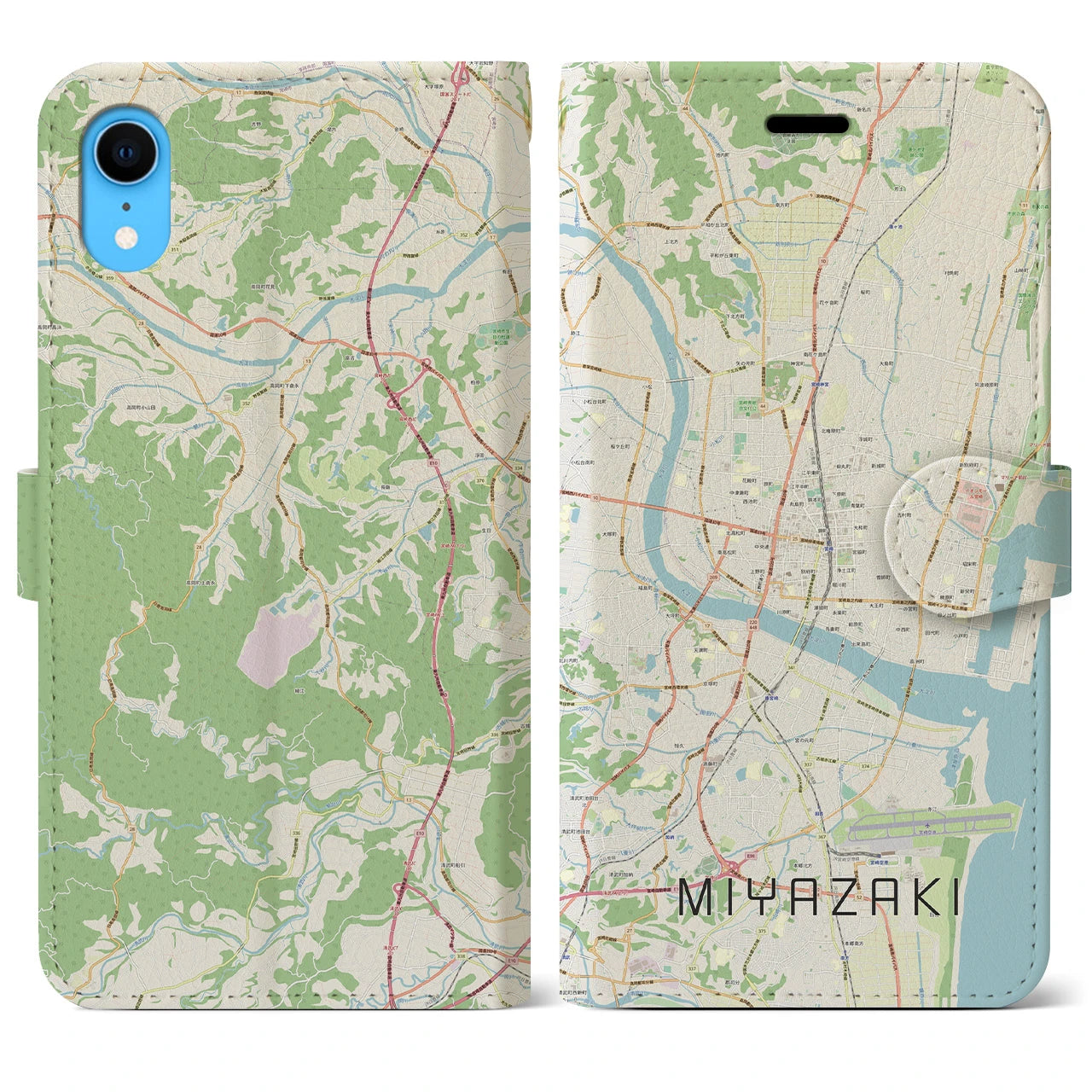 【宮崎2】地図柄iPhoneケース（手帳両面タイプ・ナチュラル）iPhone XR 用