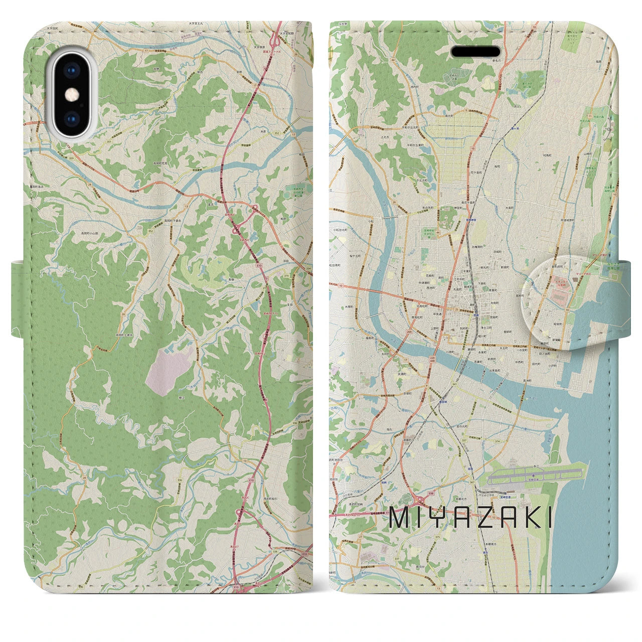 【宮崎2】地図柄iPhoneケース（手帳両面タイプ・ナチュラル）iPhone XS Max 用