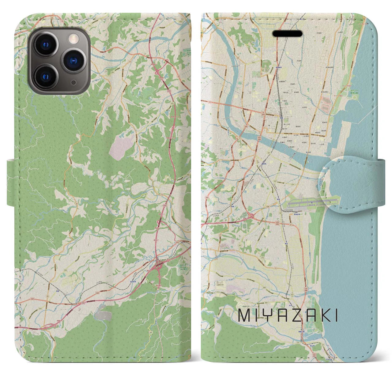 【宮崎】地図柄iPhoneケース（手帳両面タイプ・ナチュラル）iPhone 11 Pro Max 用