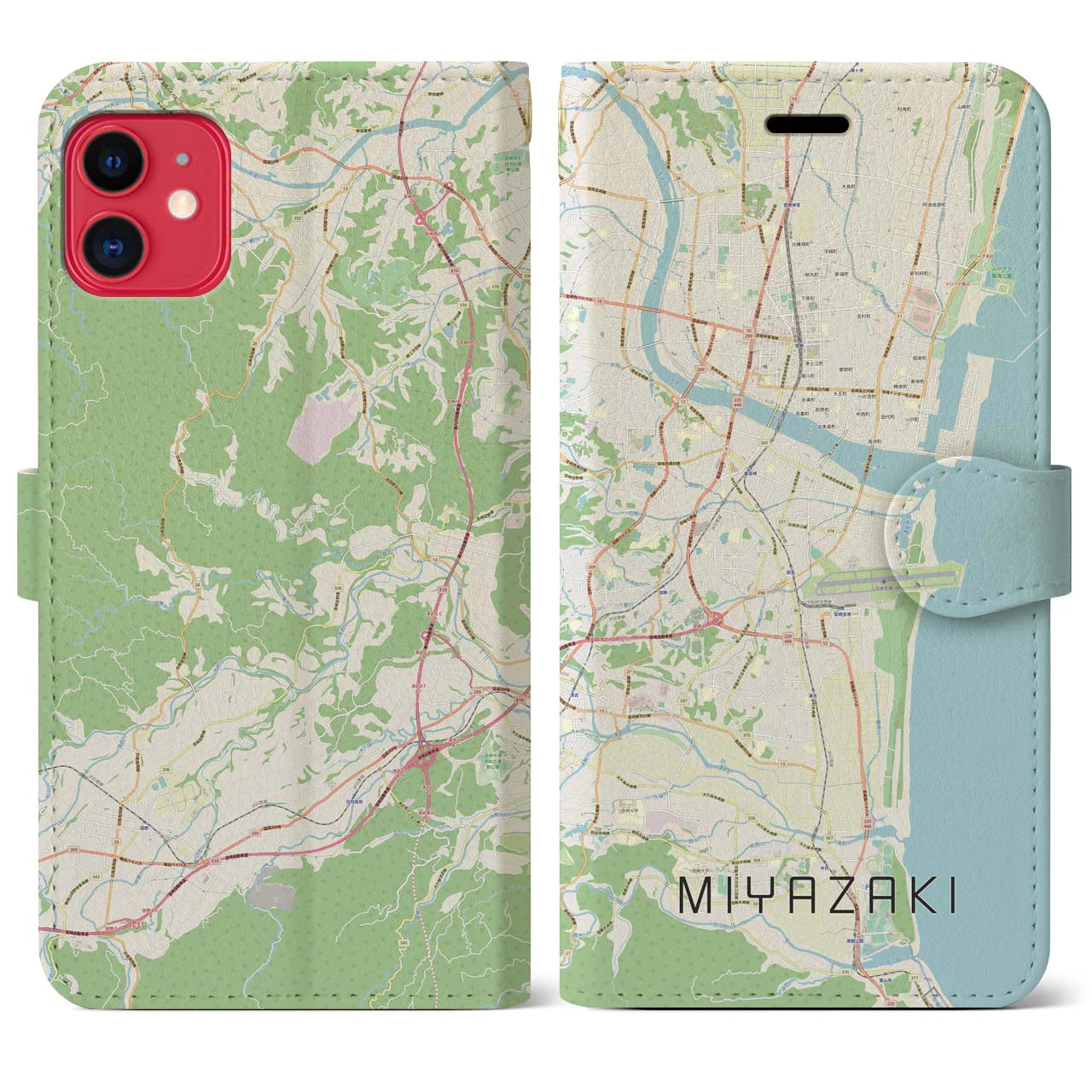 【宮崎】地図柄iPhoneケース（手帳両面タイプ・ナチュラル）iPhone 11 用