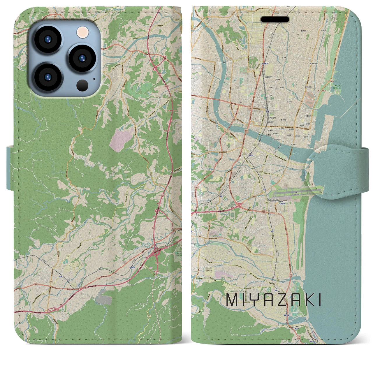 【宮崎】地図柄iPhoneケース（手帳両面タイプ・ナチュラル）iPhone 13 Pro Max 用