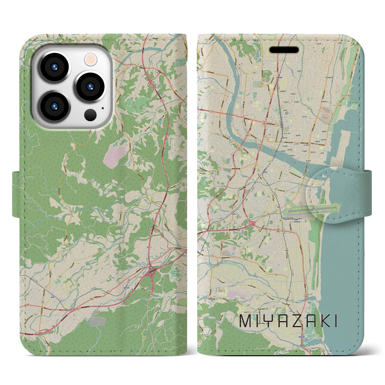 【宮崎】地図柄iPhoneケース（手帳両面タイプ・ナチュラル）iPhone 13 Pro 用
