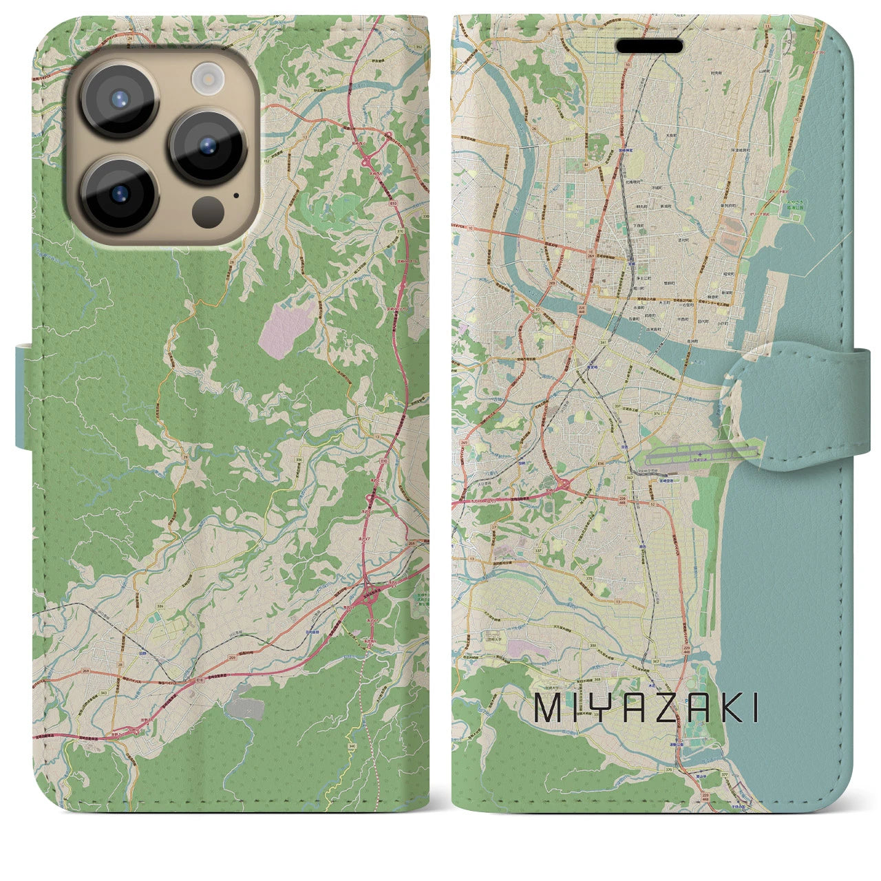 【宮崎】地図柄iPhoneケース（手帳両面タイプ・ナチュラル）iPhone 14 Pro Max 用