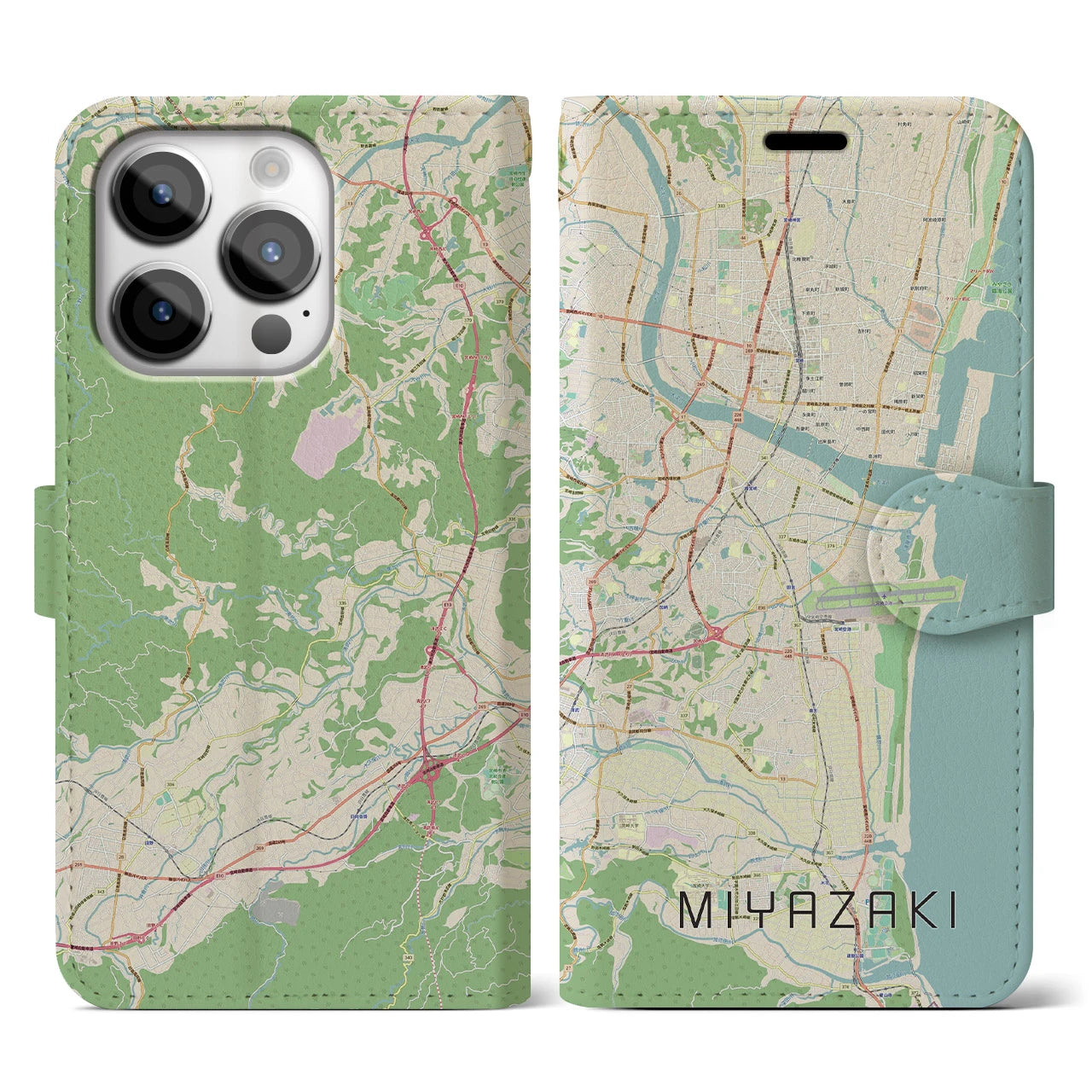 【宮崎】地図柄iPhoneケース（手帳両面タイプ・ナチュラル）iPhone 14 Pro 用