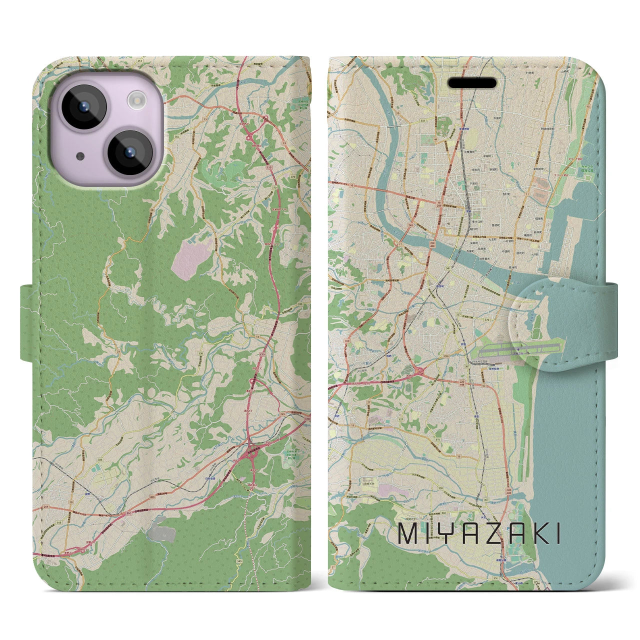 【宮崎】地図柄iPhoneケース（手帳両面タイプ・ナチュラル）iPhone 14 用