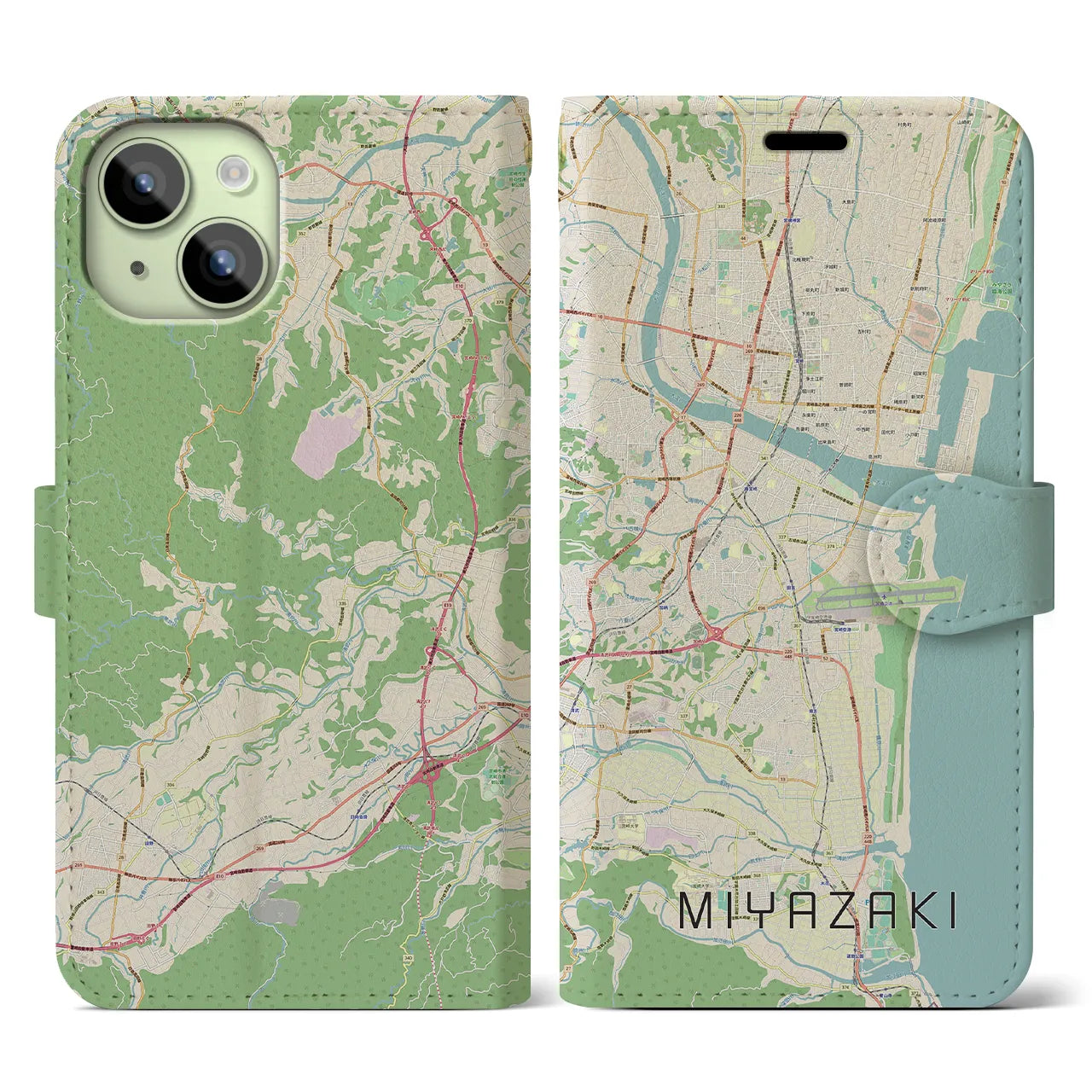 【宮崎】地図柄iPhoneケース（手帳両面タイプ・ナチュラル）iPhone 15 用