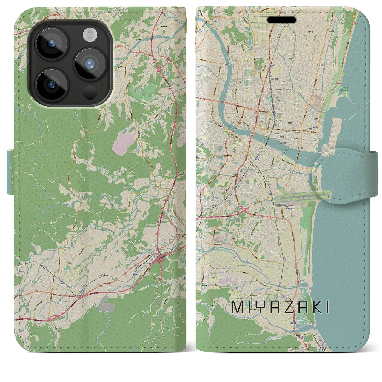 【宮崎】地図柄iPhoneケース（手帳両面タイプ・ナチュラル）iPhone 15 Pro Max 用