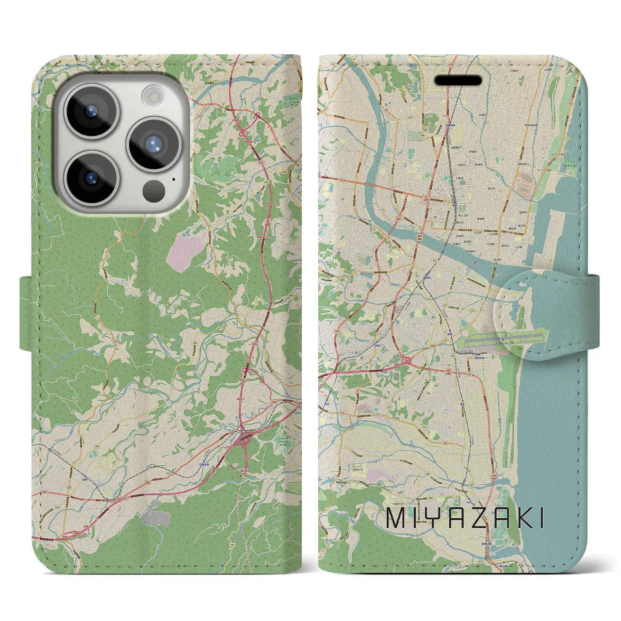 【宮崎】地図柄iPhoneケース（手帳両面タイプ・ナチュラル）iPhone 15 Pro 用