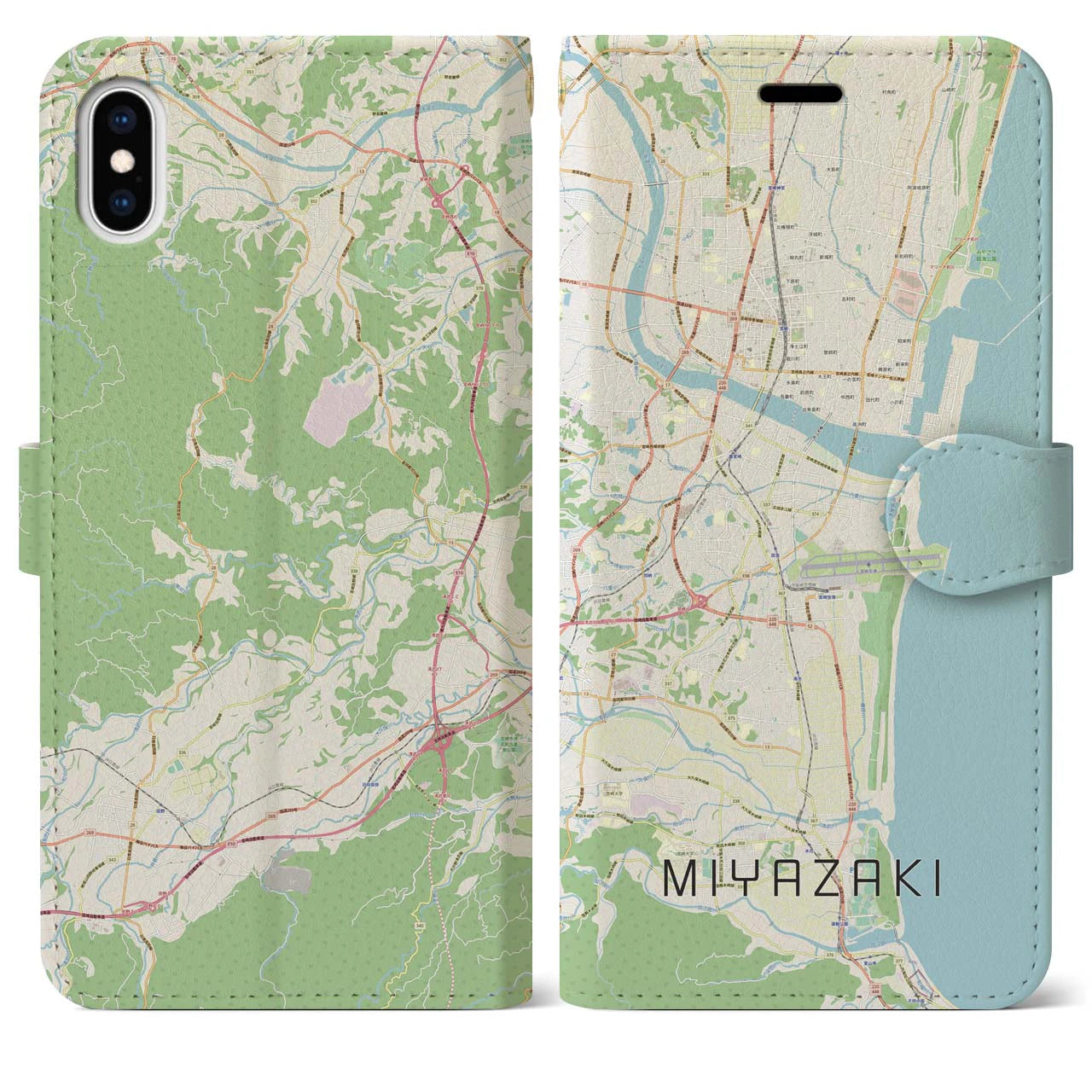 【宮崎】地図柄iPhoneケース（手帳両面タイプ・ナチュラル）iPhone XS Max 用