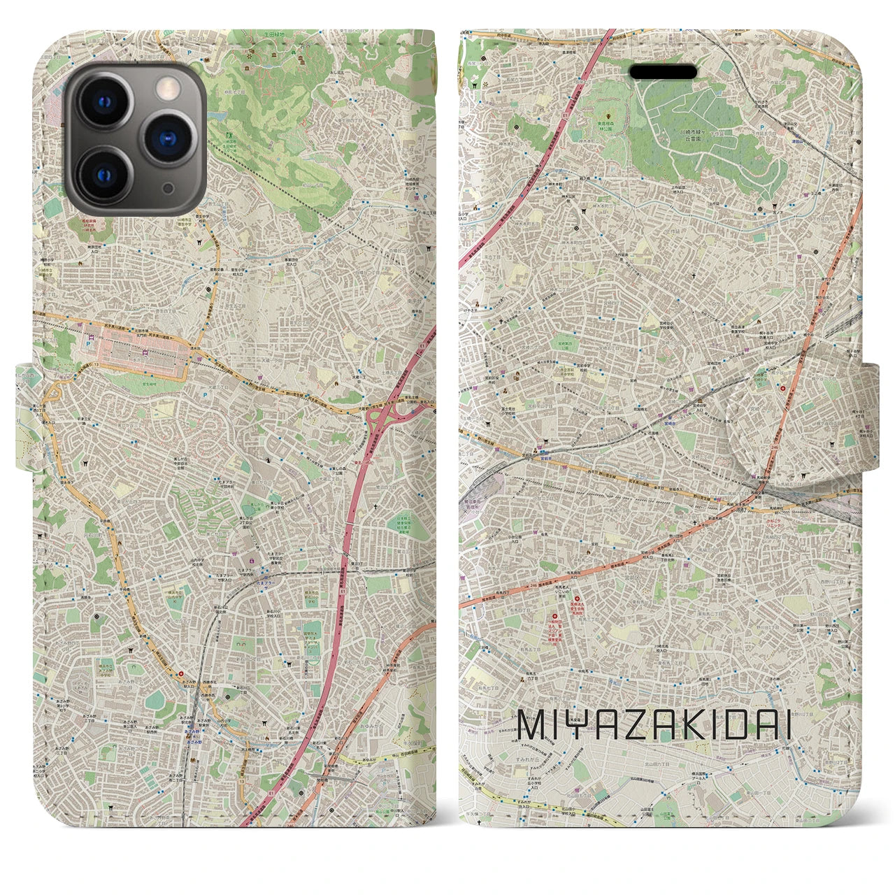 【宮崎台】地図柄iPhoneケース（手帳両面タイプ・ナチュラル）iPhone 11 Pro Max 用