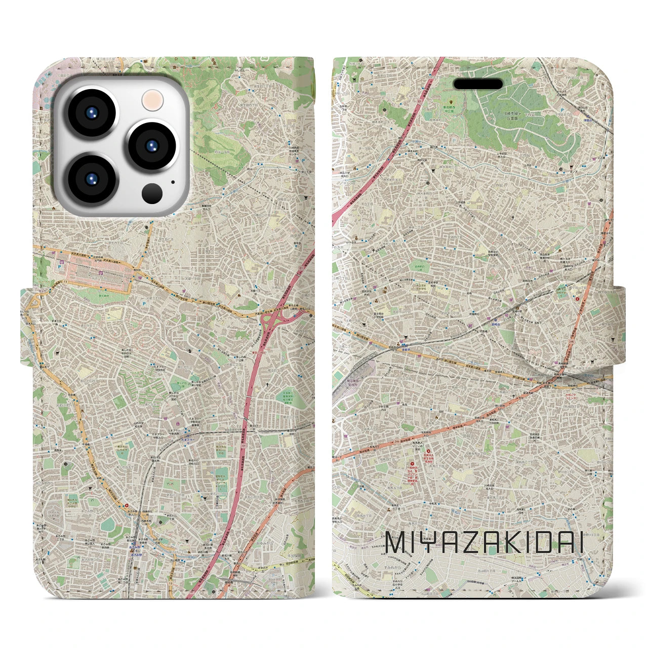 【宮崎台】地図柄iPhoneケース（手帳両面タイプ・ナチュラル）iPhone 13 Pro 用
